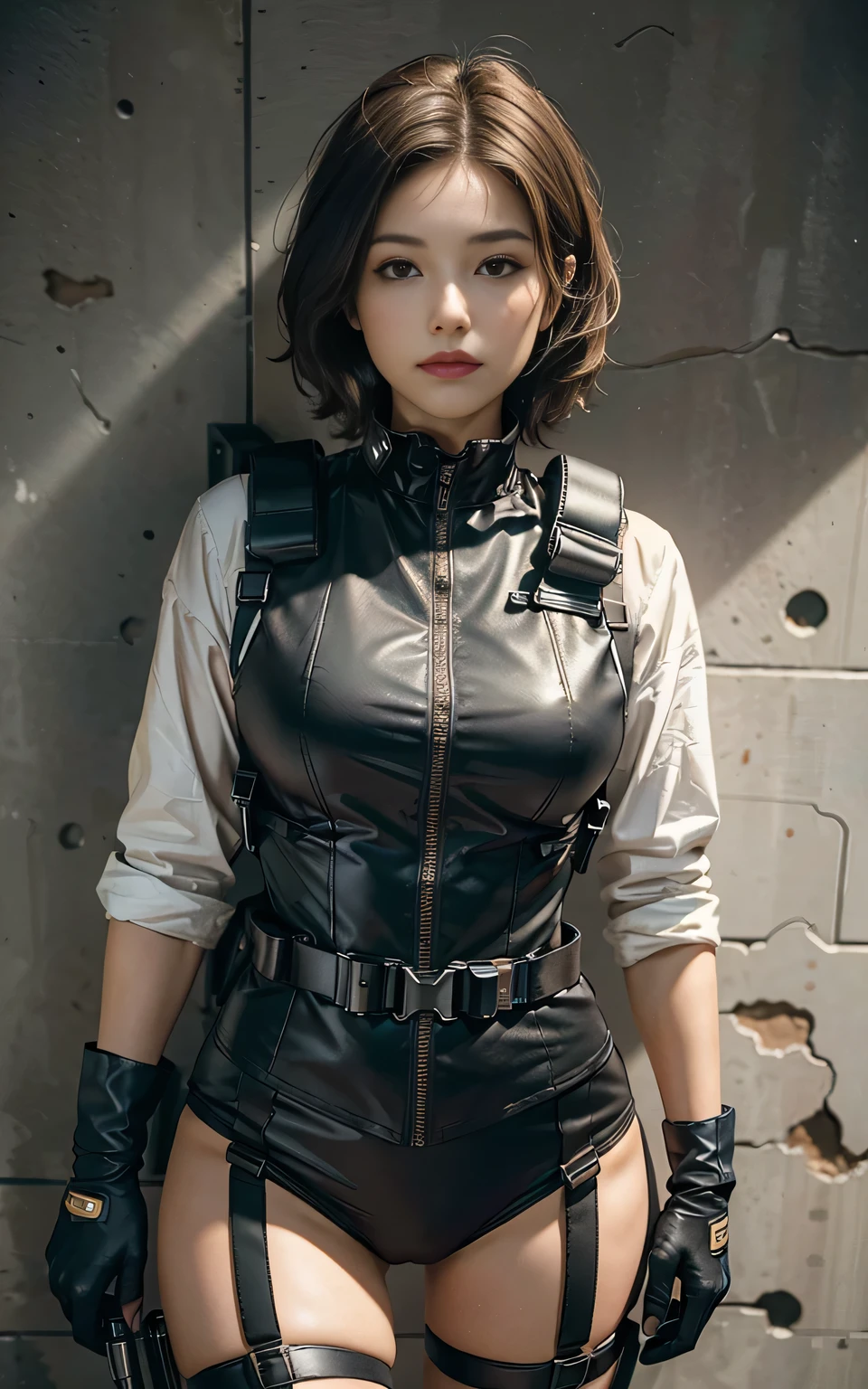 ((Best Quality, 8K, Masterpiece: 1.3)), ((best quality)), photorealistic, photorealism, Photorealistic, high resolution, 1girl , muscular:1.2, normal breasts, thick thigh, looking at the viewer, (Detailed face), short hair, (wearing dark rubber suit, tactical vests, military harness, black gloves, high-tech headset), revealed thigh, Fingers are occluded, concrete wall background,