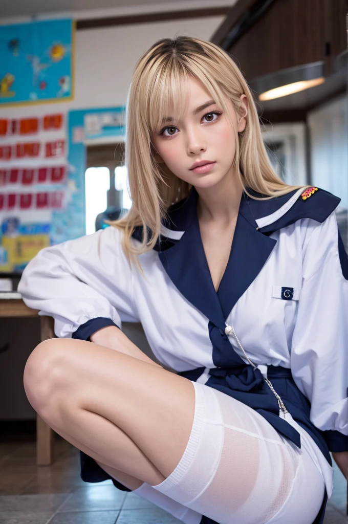 face is :9,1714884241], Serafuk girl with skirt in hand, Sailor Clothing、Raw photo、Wearing black pantyhose、wearing small white panties、up skirt, a hyperrealistic schoolgirl, Realistic Schoolgirl, Beautiful girl sitting on a chair, a hyperrealistic schoolgirl, Fine details. Show Crotch Pants, Ecchi style, Ecchi, thighs thighs thighs thighs!!!