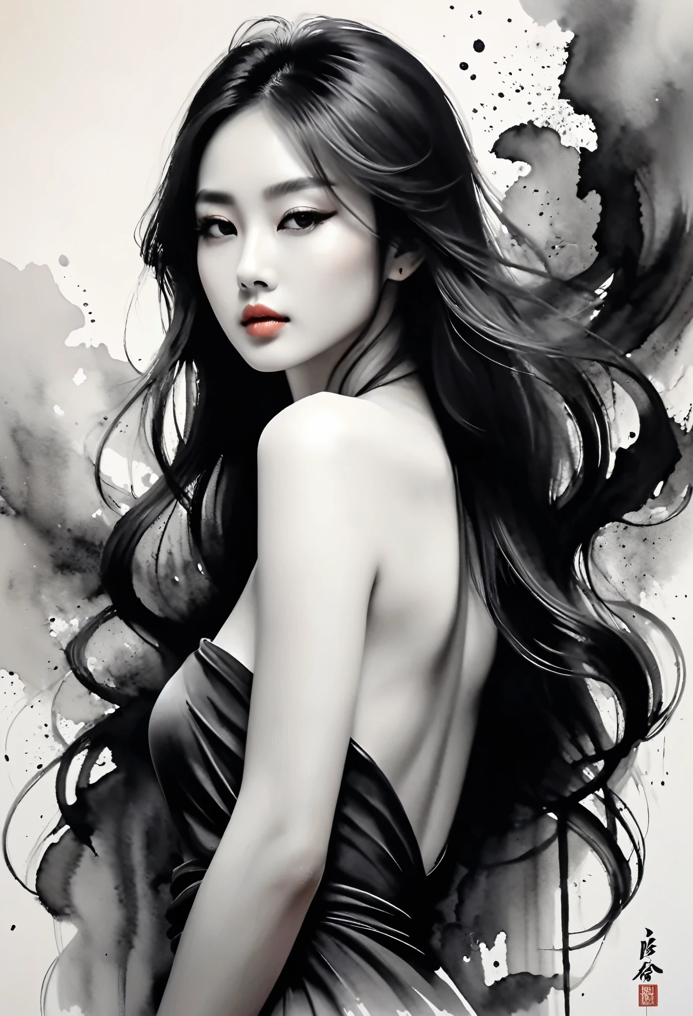 Kizi，ink painting，soft brushstrokes，Draw delicate lines with a pen，Fluid action，Subtle ink tones，elegant posture，calm look，delicate features，black andwhite，to clean