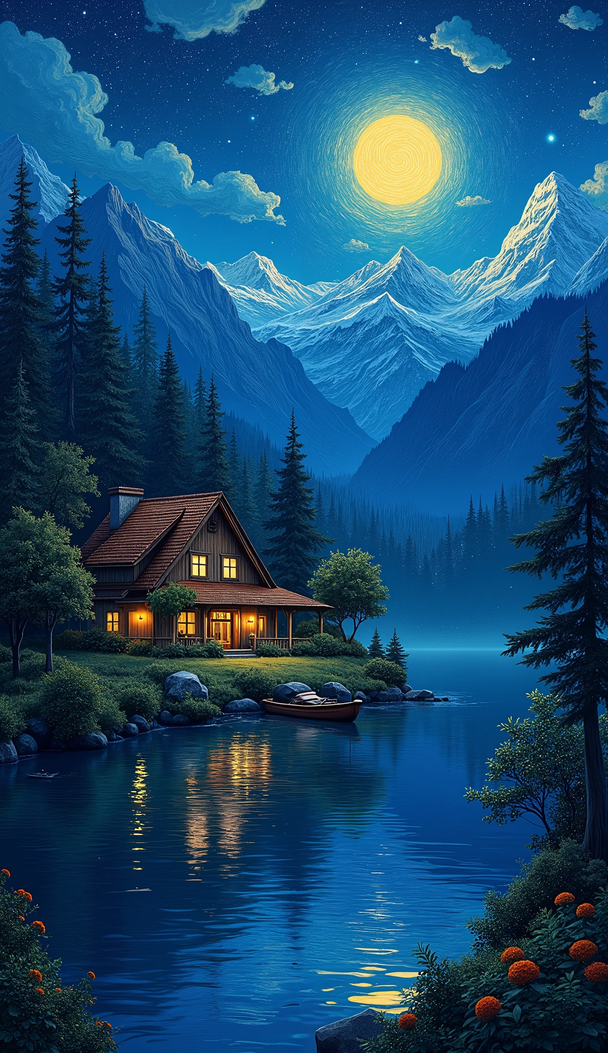 Painting of a cabin on a lake with a mountain in the background - SeaArt AI