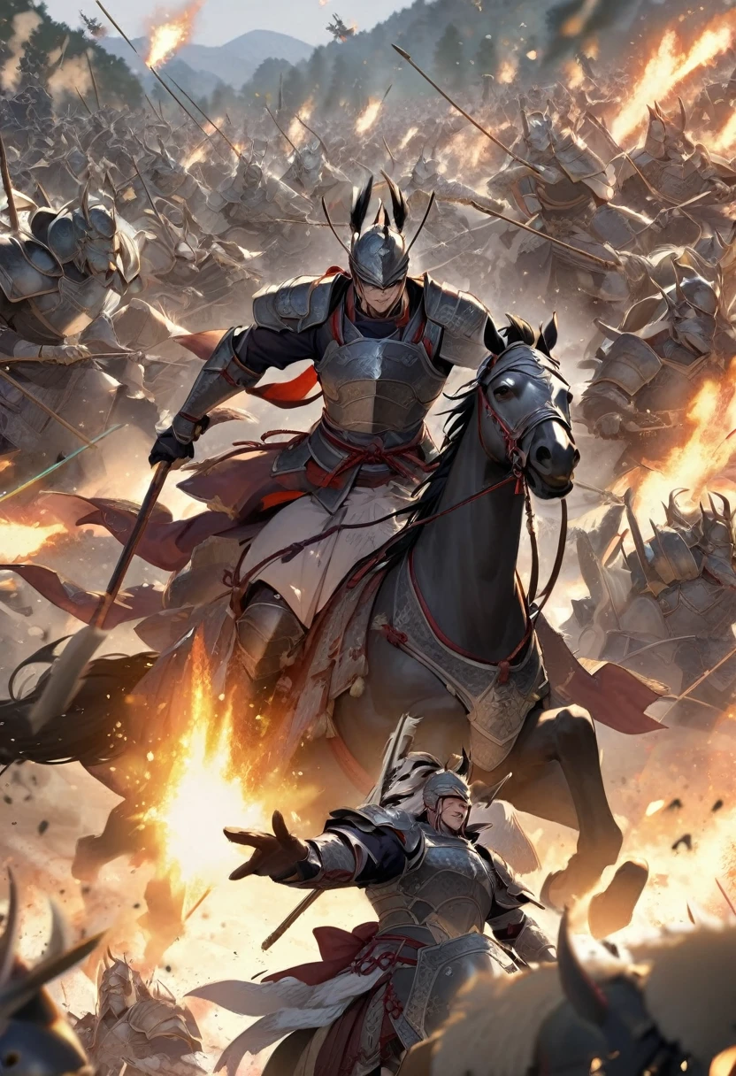 (best quality), extremely delicate and beautiful, Amazing, finely detail, masterpiece, ultra-detailed, highres,(best illustration), (best shadow),intricate,stunning skin details,sharp focus, volumetric fog, 8k UHD, DSLR, high quality, (film grain:1.4), fantasy,(black and (red) tone impression)
Armored Chinese ancient soldiers ride on their (heavily armored warhorses:1.4), charging across the battlefield <lora:add_detail:1> <lora:EABA_v1:0.8> <lora:Smoke:0.8>
