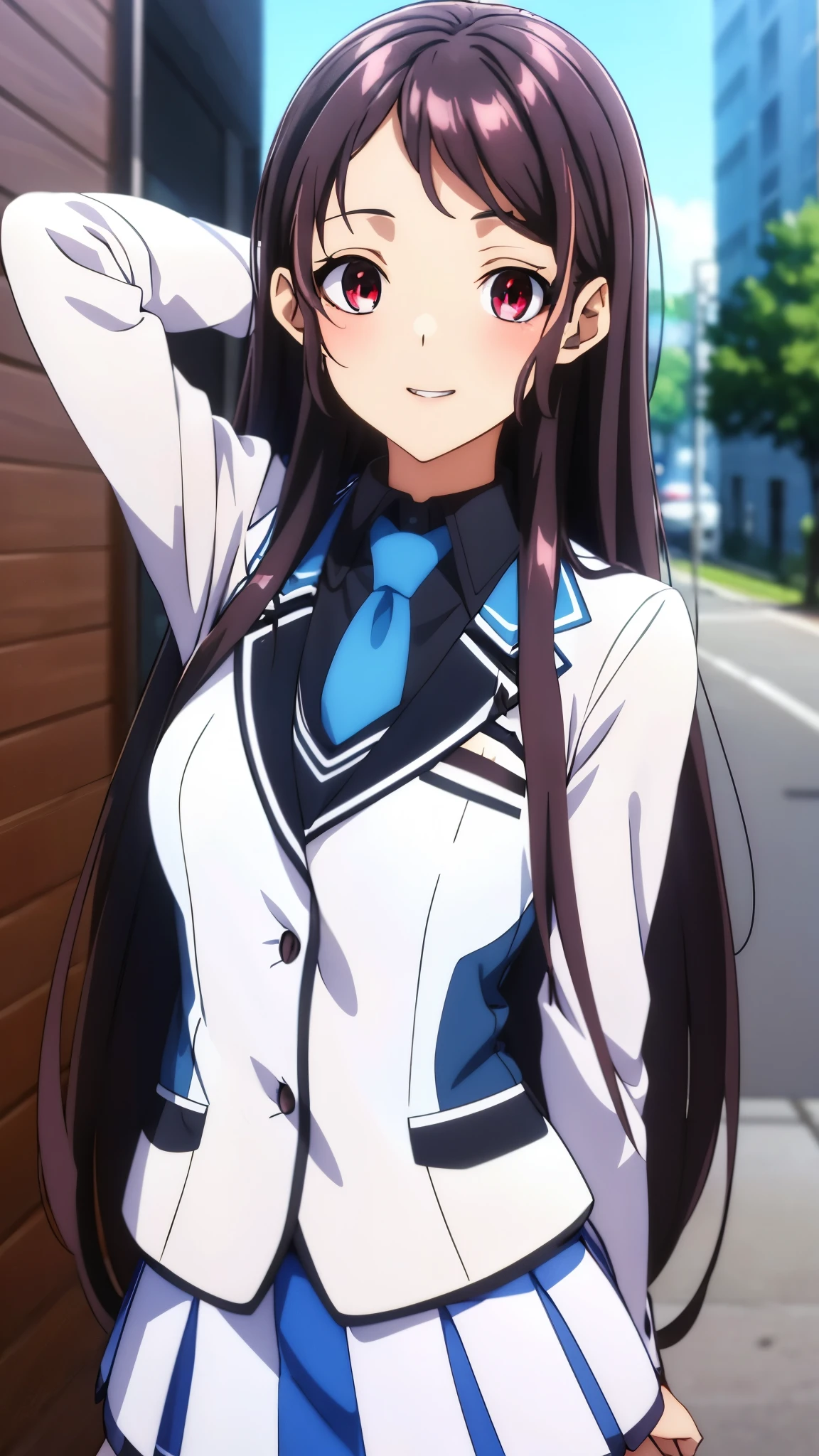 Show your armpits,Kaori Hojo, girl, (masterpiece: 1.1), (highest quality: 1.1), red eyes, long hair, cute smile, blush, parted lips,((school uniform), jacket, sleeve, tie, white skirt),  pantyhose, loafers, school room, ((cinematic posing:1.1, looking  at viewer:1.1)), (cinematic angle:1.3, upper body:1.1), gravure,