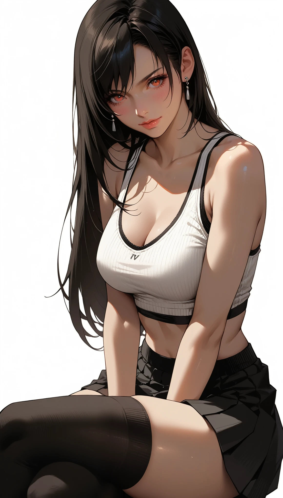 score_9, score_8_up, score_7_up, score_6_up, dark theme，sinozick style 
zou_(pixiv16822216) final_fantasy final_fantasy_vii final_fantasy_vii_remake tifa_lockhart absurdres highres 1girl bare_shoulders black_hair black_skirt black_sports_bra black_thighhighs breasts closed_mouth crossed_legs earrings fingerless_gloves gloves jewelry long_hair medium_breasts miniskirt pink_lips red_eyes simple_background single_arm_guard sitting skirt smile solo sports_bra tank_top thighhighs white_background white_tank_top zettai_ryouiki