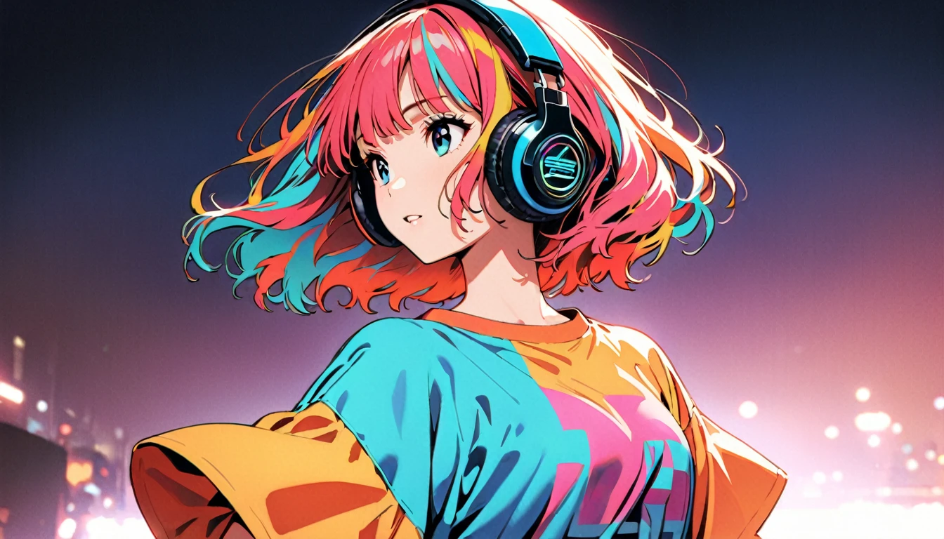 (Highest quality:1.2, City Pop Style, Very detailed, up to date, Vibrant, High Contrast, masterpiece:1.2, Highest quality, Best aesthetics), girl, ((Face Up Shot:1.4)), Colorful Hair, Bobcut, pastel colour, 1980s style, ((Retro, Vintage, Plain background))　Oversized T-shirt、Headphones