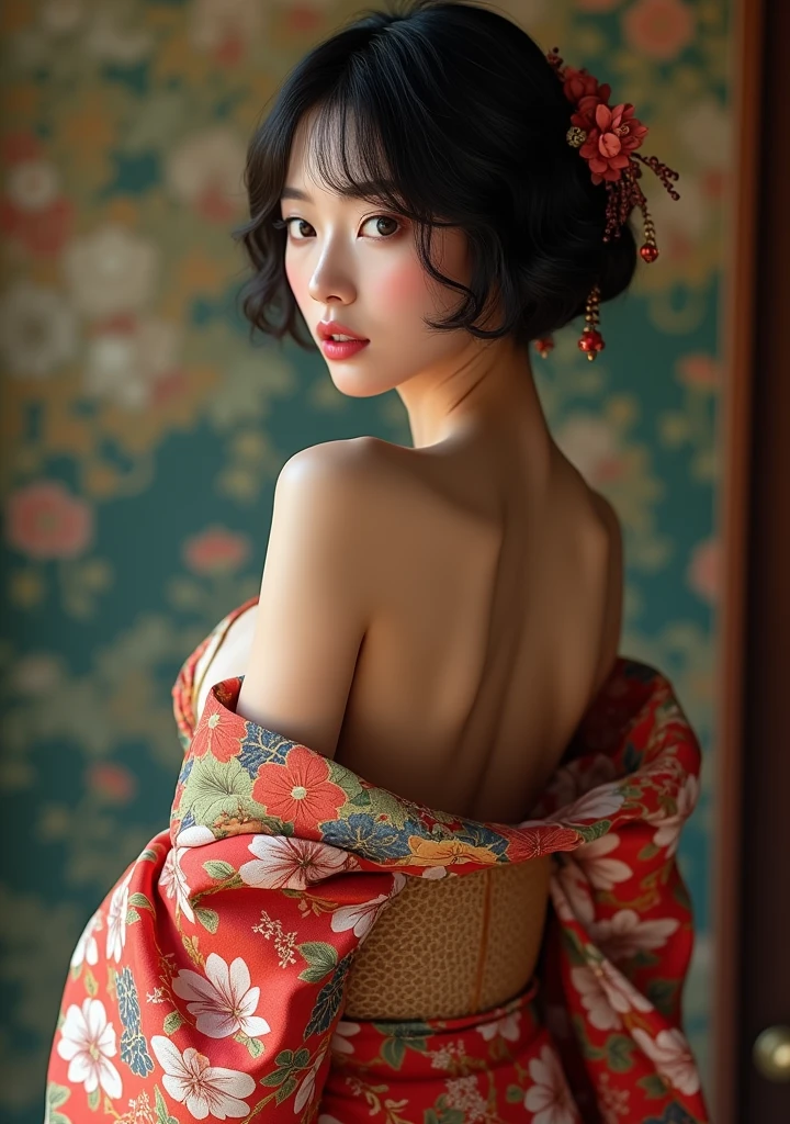 20 year old Japanese woman,Very slim figure(Small and flat chest),Expressions of joy,Beautiful face in every detail,(High resolution detail of human skin texture), (short hair),Completely naked,Spread your legs,Completely naked,Spread the genitals forward,Naked Women,Intricate designs and patterns in the style of Alphonse Mucha,A flamboyant background like an Art Nouveau watercolor，Chest is larger than torso，Camel Toe,
