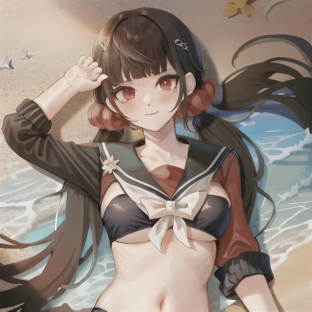 Bisexual Futa Maki Harukawa, 1girl, black bikini, solo, bangs, beach background, wearing black bikini, hair scrunchie, school uniform, collarbone, upper body, blunt bangs, looking at viewer with shy blushing smile, serafuku, long sleeves, sailor collar, beach background, closed mouth, hairclip, eyebrows visible through hair, star print, red eyes, bisexual, futa. Wearing black bikini! Wearing black bikini! 