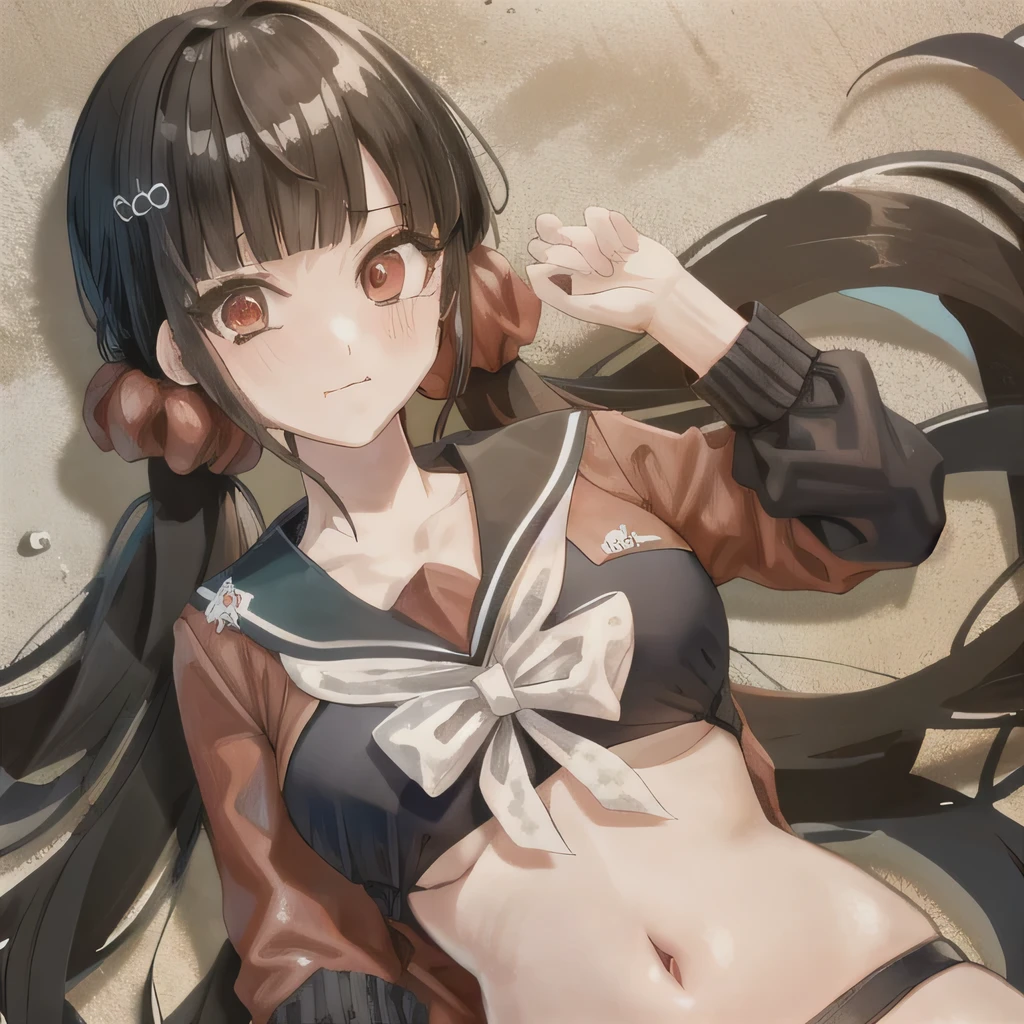 Bisexual Futa Maki Harukawa, 1girl, black bikini, solo, bangs, beach background, wearing black bikini, hair scrunchie, school uniform, collarbone, upper body, blunt bangs, looking at viewer with shy blushing smile, serafuku, long sleeves, sailor collar, beach background, closed mouth, hairclip, eyebrows visible through hair, star print, red eyes, bisexual, futa. Wearing black bikini! Wearing black bikini! 