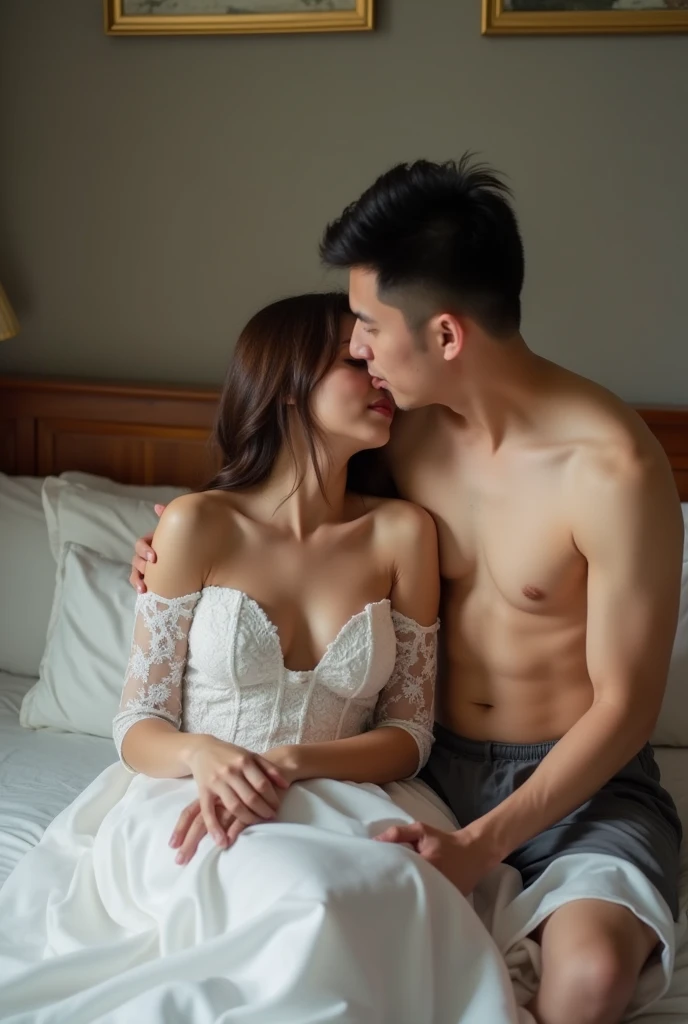 (best quality, height, Portrait), passionate, young man kissing woman, lips touching, Hug tightly, blushing intensely, Close your eyes, bed, night time, Light a candle,Increase sexiness,naked,full body shot