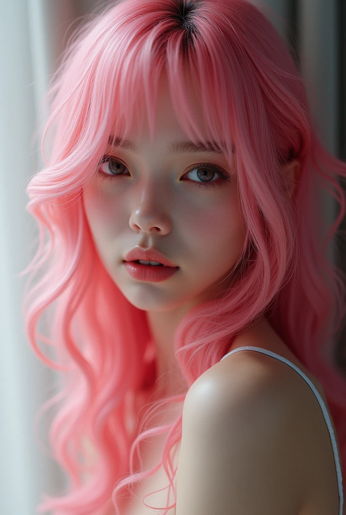 (Seductively Posing :1.3),(Pink Hair :1.3),(masterpiece:1.3), (Photorealistic, RAW Photos, Highest quality: 1.4), Skinny Japanese woman, 30 years old, (One Girl), (A vivid face), Detailed face, Detailed eyes, (Long Hair:1.3), (Realistic Skin), (Silver Camisole), Ultra-high resolution, Surreal, High definition,