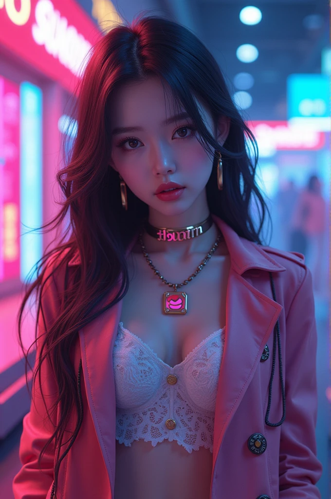 (best quality), (realistic photo), (dark) death, loneliness, mystery, woman with a necklace that glows neon pink in her heart --auto --s2