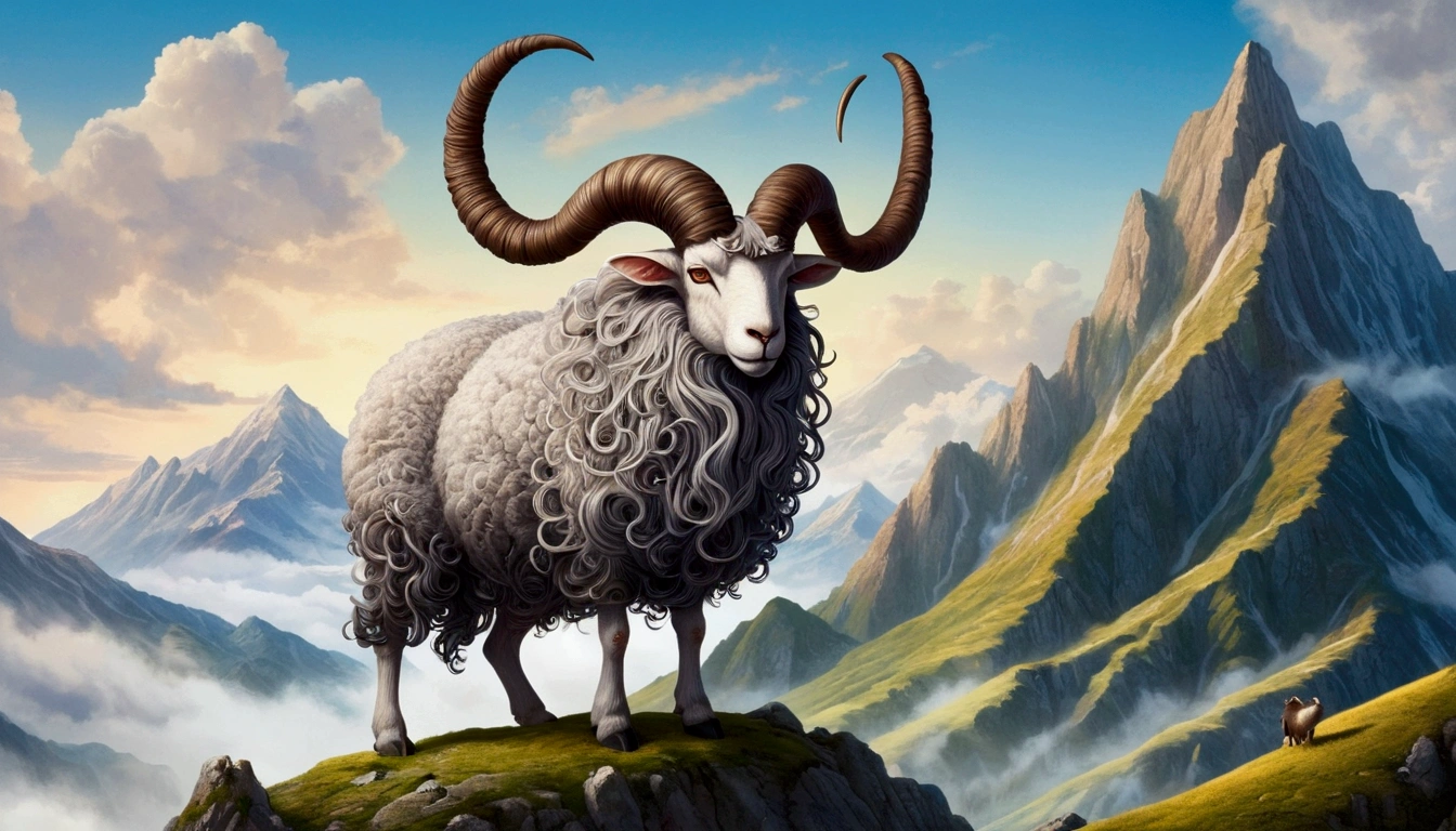 Surreal illustration，Depicts a monster with intricate details，A mysterious creature，Perched on the base mountain，It looks like a sheep，Long horns，(((9 big tails:1.37，4 ears，Its eyes are on its back.)))。Body covered with soft and dense hair，It gives a warm and homely feeling。Even though it looks cute，But the 猼蒼 is a strong and brave creature.。Highlighting detailed artwork, Adds a mysterious and otherworldly atmosphere.