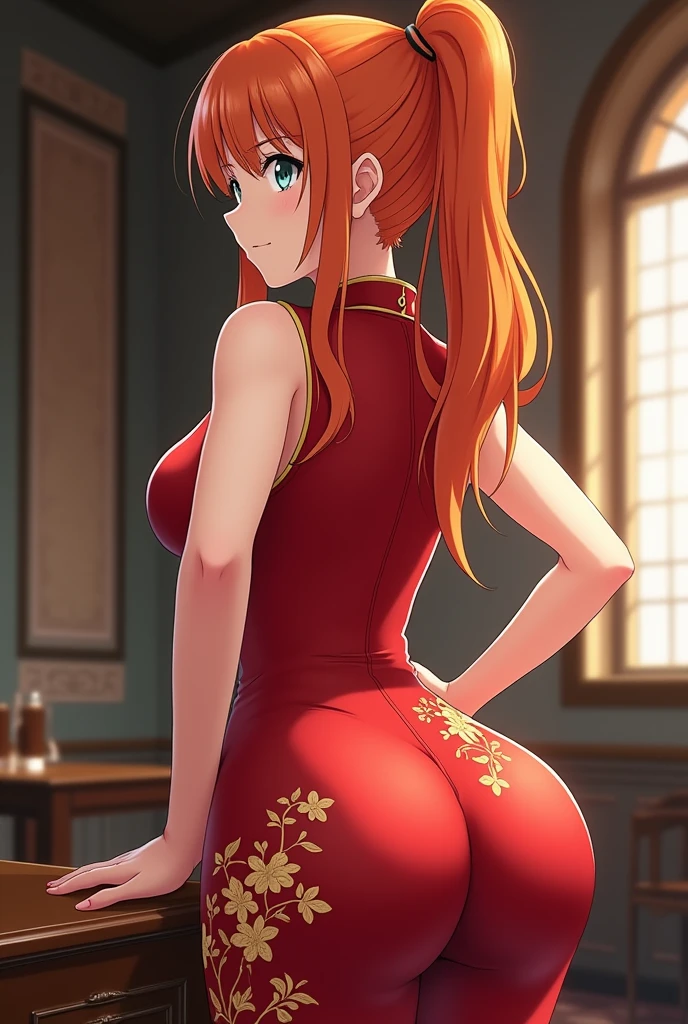 punctuation_9, punctuation_8_High above, fountain_アニメ, best qualityer, us, NAAmi, hair orange, orange eyes, long hair, breasts big, standing, looking ahead at viewer, chinese dress, Red clothing, ssmile, hinterland, cowboy shot, low angle, from behind, big-ass