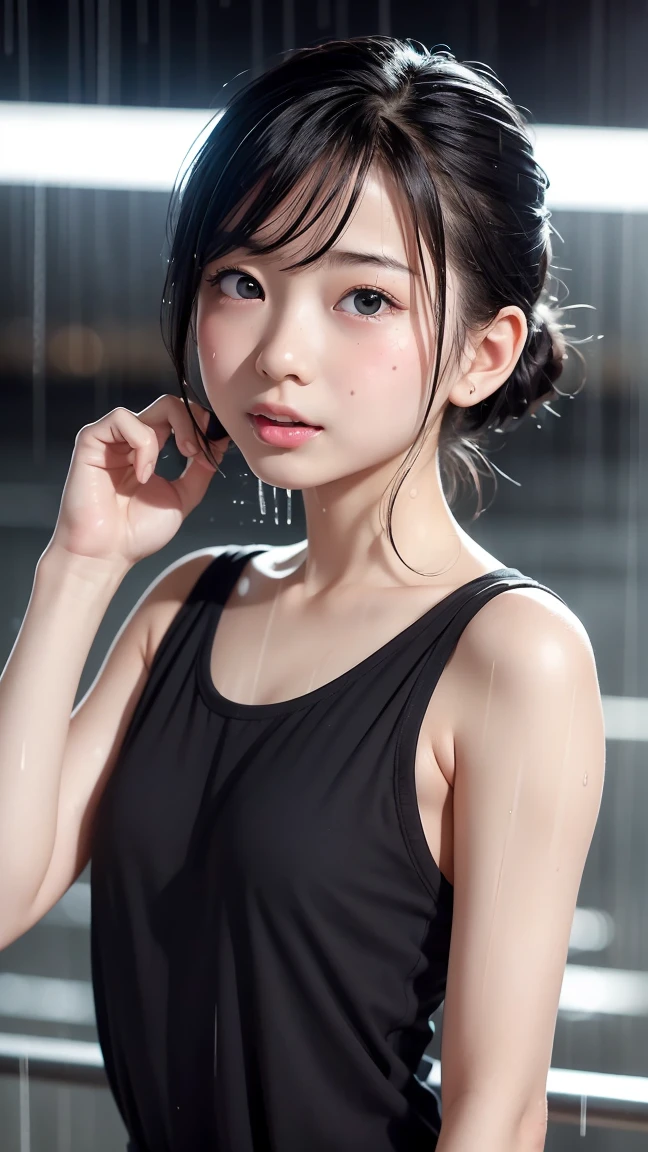 masterpiece, best quality, (realistic,photo-realistic:1.4), (RAW photo:1.2), extremely detailed CG unity 8k wallpaper, delicate and beautiful, amazing,finely detail, official art, absurdres, incredibly absurdres, huge filesize, ultra-detailed,extremely detailed eyes and face,light on face,suguha kirigaya,(little smile),(black hair:1.4),(short hair:1.4),(wearing tanktop:1.4),(gym background:1.4),(hair bangs:1.4),(green eyes:1.4),(sweating:1.5),(wet body:1.4)