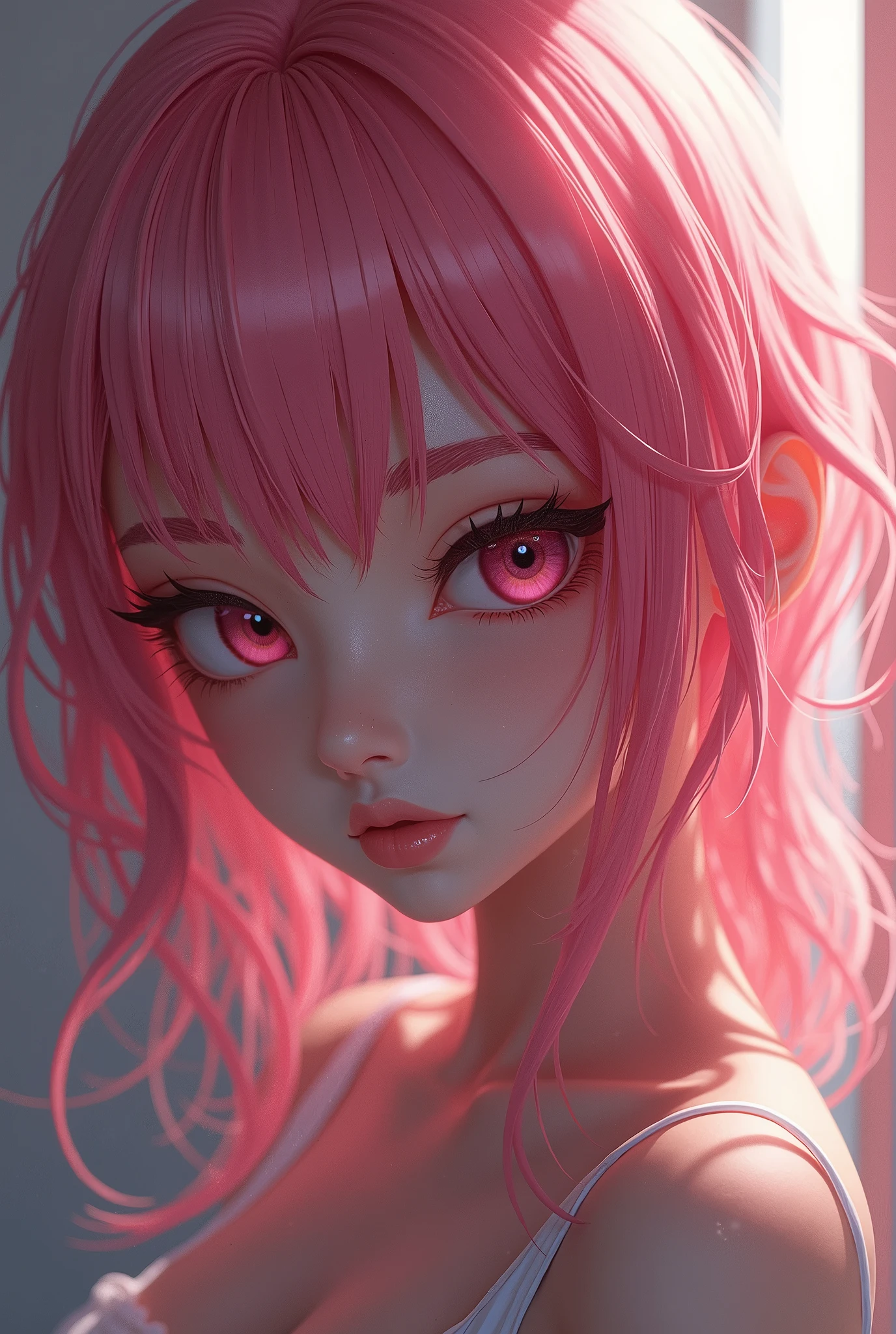 girl with long hair, pink hair, naked, ass up, heart shaped pupils, big ass, big breasts