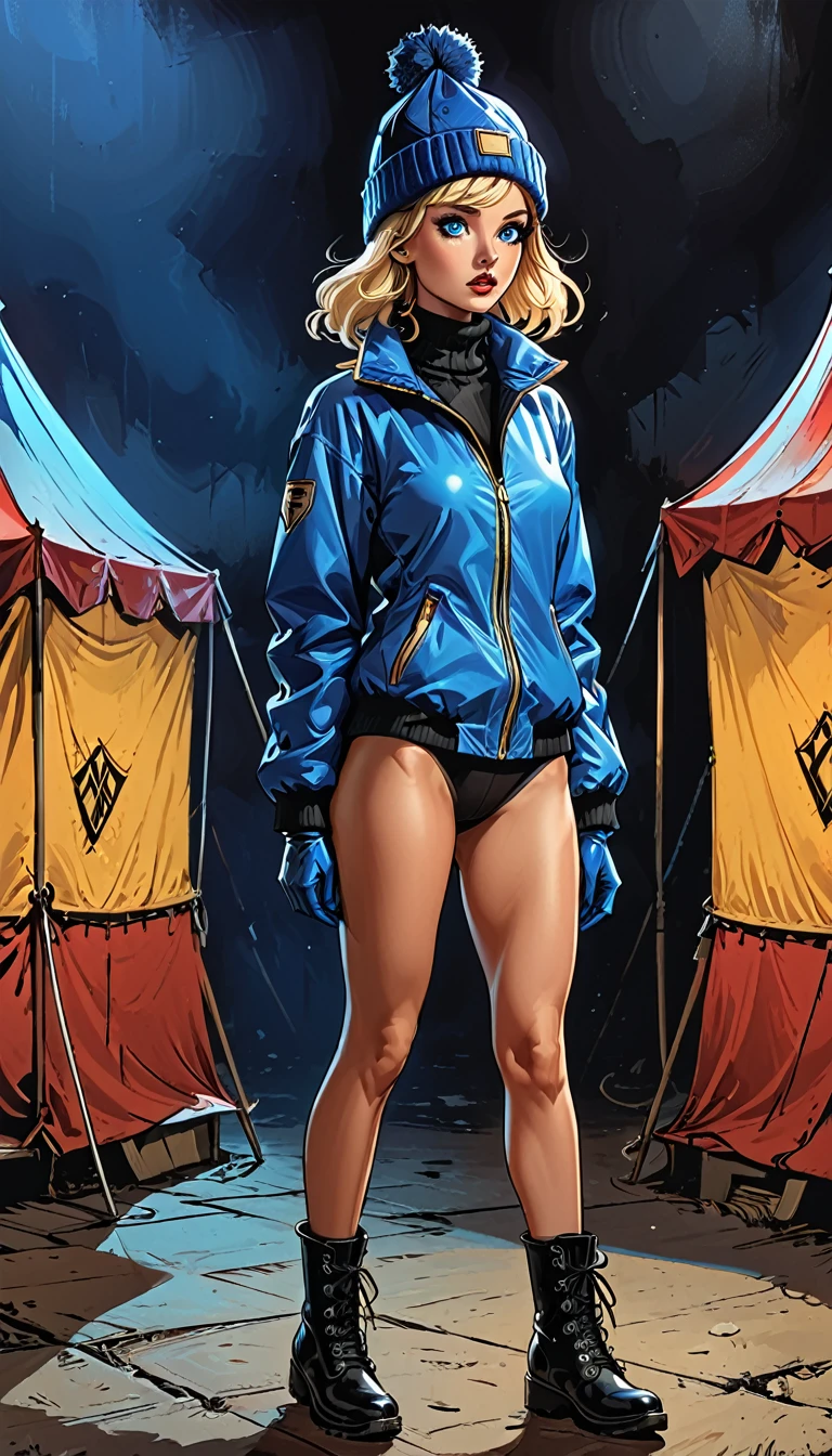 inside violet circus tent,dark atmosphere, ((side view)), deep shadow, shadow, (shocked), (fullbody), side view shocked fullbody ((girl in Blue zipped up down winter jacket and black turtleneck )) and blue gloves and (((blue winter hat)))) and black hiking boots walking at circus tent,adult, [Nordic], Hourglass elongated fitness body, perfect Olive skin, Oval Face, Long neck, Rounded shoulders, perfect hand, Attached Pointed ears, round forehead, (Short blonde Waves pixie hair), snub nose, Arched eyebrows, ((monolid blue Eyes)), High Round Narrow cheekbones, Dimpled Cheeks, Rounded Chin, Rounded Jawline, Full nude Lips, (blue eyes), Nude Makeup Look, long eyelashes, long slim fitness legs, graphic style of novel comics, perfect hands, 2d, 8k, hyperrealism, masterpiece, high resolution, best quality, ultra-detailed, super realistic, Hyperrealistic art, high-quality, ultra high res, highest detailed, lot of details, Extremely high-resolution details, incredibly lifelike, colourful, soft cinematic light,