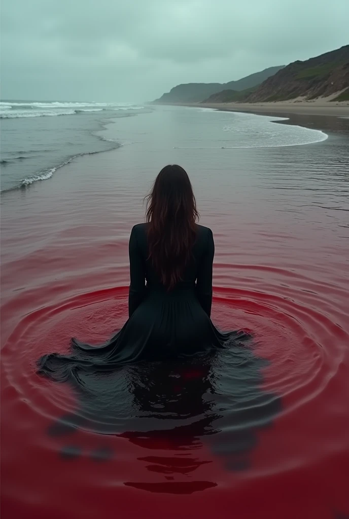 Blood river of blood, young girl is bathing her black hair in blood river, she is wearing white dress blood is everywhere, her jet black hair is dirty from blood, man is drowning in bloody river