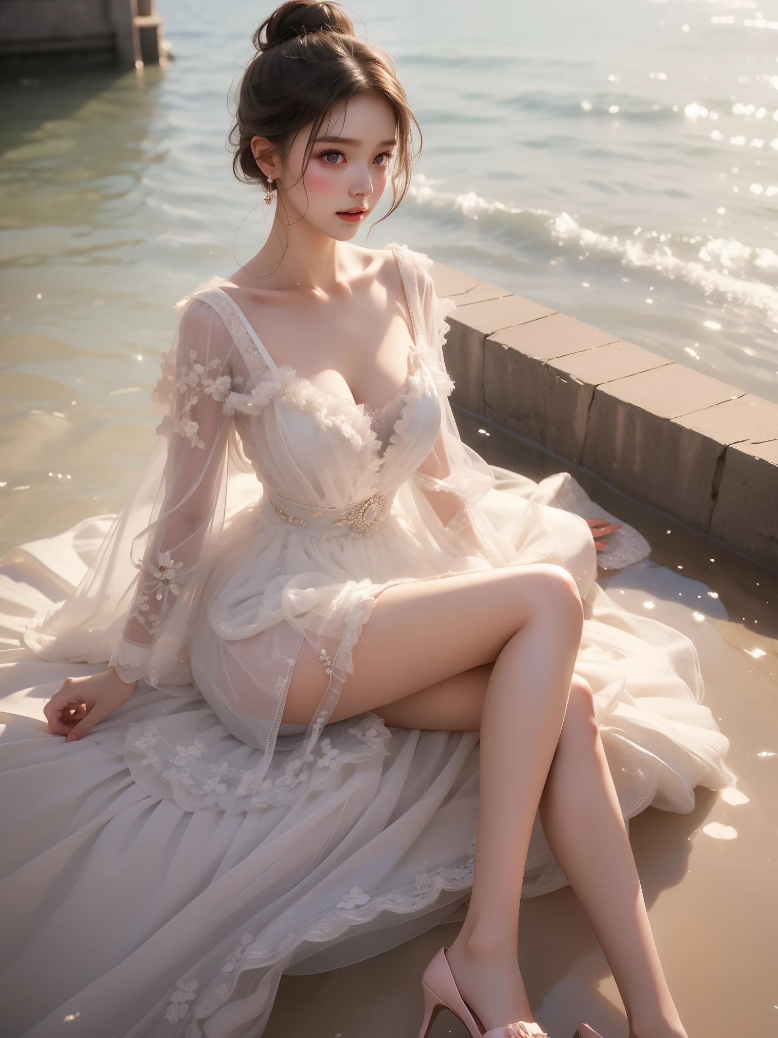 dress, bouffont dress, transparent long sleeves, daisies, cherry,,（(Girl lying in the river))、night，moonlight，((water滴, water流, water，流动的water，water，流动的water滴，飞溅的water喷，飞溅的water滴，water滴落，The beating waves，)) She gently lifted her skirt with one hand，Make gentle and playful gestures，Beautiful and charming woman, Elegantly, Her plump breasts are fully exposed.，Visible cleavage，The skirt is very short，Natural Legs，Sexy long legs，Slender and lovely beauty, Eyes sparkling，Her skin is flawless。Her curves are highlighted。Shine in the light，The color is pastel，She lay confidently，One hand on hip，Her posture is elegant。She wore elegant high heels，It matches her skirt very well.。The atmosphere of the whole photo is peaceful and positive，Emphasis on natural beauty and elegance, Studio Lighting,Vibrant colors, Cute girl, sweet, Exquisite makeup，Shy，blush，open mouth，Heavy breathing，moan，超realism，realism，Movie Lighting，Comfort，Sony FE GM，Retina，masterpiece，precise，Anatomically correct，Textured Skin，Super Detail，High Detail，best quality，Colorful