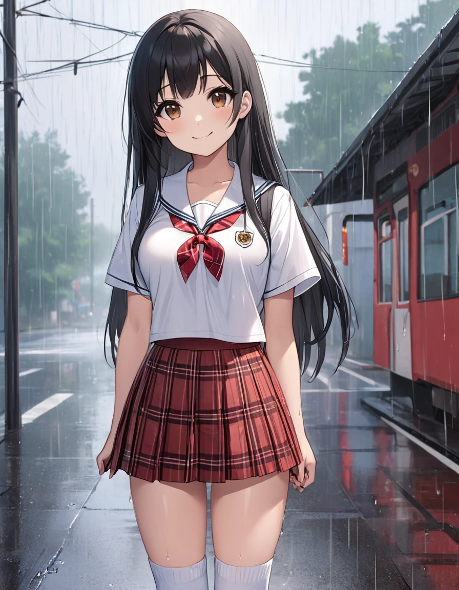 Girl, cute, adorable, smiling, straight hair, long hair, (black hair:1.5), brown eyes, school uniform, short sleeve, cleavage, red plaid pattern pleated mini skirt, white loose socks, long socks, looking at the camera,  standing, rain