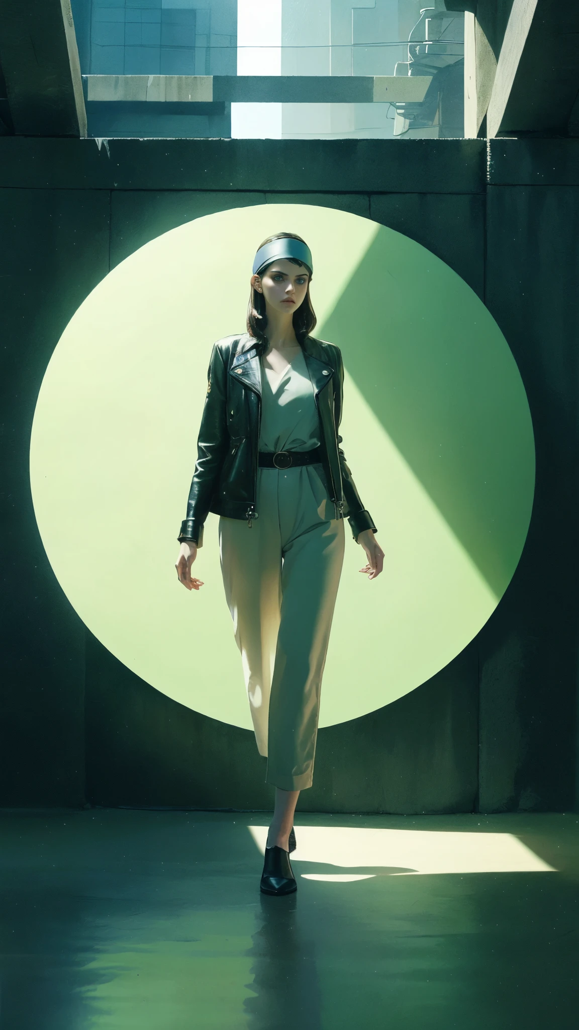 (masterpiece:1.2, best quality:1.2, extremely delicate:1.2), ((Alexandra Daddario:1.2)), a young women with short purple hair, side-parted bangs, wearing a headband, a determined gaze, a serious expression, a futuristic fantasy-style leather jacket featuring multiple ring designs, a belt with a large circular buckle, matching pants, leather fingerless gloves, green flames swirling around his hands, the background features a complex futuristic fantasy-style street, this character embodies a finely crafted futuristic fantasy-style street fighter in anime style, exquisite photography, Photo realism, photorealistic, perfect skin, dramatic, high definition, highres, ultra-detailed, ultra-fine painting, professional, perfect body proportions, golden ratio, anatomically correct, symmetrical face, extremely detailed eyes and face, high quality eyes, creativity, RAW photo, UHD, 32k, Natural light, cinematic lighting, (masterpiece-anatomy-perfect:1.2)