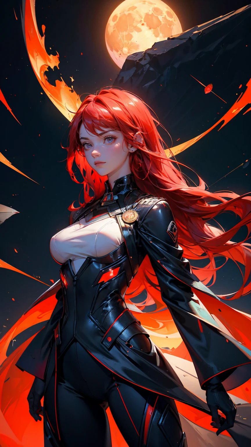 (best quality,4k,highres,masterpiece:1.2),ultra-detailed,realistic:1.37, portraits, (((long flowing red hair))), beautifully fair skin, black outfit, (((piercing orange eyes))), sensual pose, ((subtle black spots, mysterious aura, monochromatic colors)), mature woman, ((black horn))
