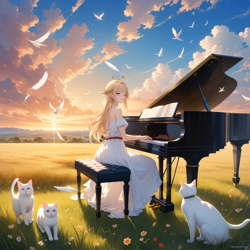 Landscape、Everything is blowing in the wind、Angel Girl、Angel Halo、Semi-long hair、Ahoge、Blonde、Ahoge、Wink、Blue Eyes、White Kitten、White Feather、Sit on a chair and play the white grand piano:1.5、Beautiful white feathers fluttering down:1.8、Red lips、Sunset grassland background、whole body、Masterpiece、Highest quality、Detailed depiction、animeキャラ、An illustration、Masterpiece、Highest quality、Detailed depiction、anime、High resolution, High detail, Ultra high definition, Very detailed, 