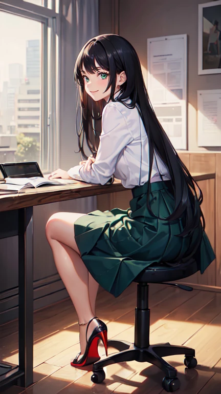 ((masterpiece, high resolution, better quality, better details)), ((Smiling)), ((one girl)) a girl sitting in the office, full body, maxi green skirt, blouse,((louboutin high heels)), green eyes , ((black hair, long hair)), shiny skin, ((behind view)), solo, from behind, full body, focus full body, high heels, in office, working secretary, ((full skirt without openings))