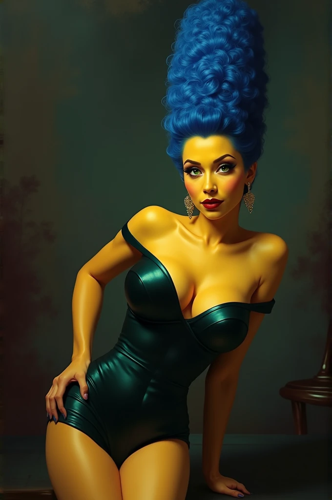 Busty woman , short blue curly hair, White skin, grey eyes, F cup breasts, short red fitted latex dress, pink lips, sharp nose, slight smile, Photo studio, Black background.