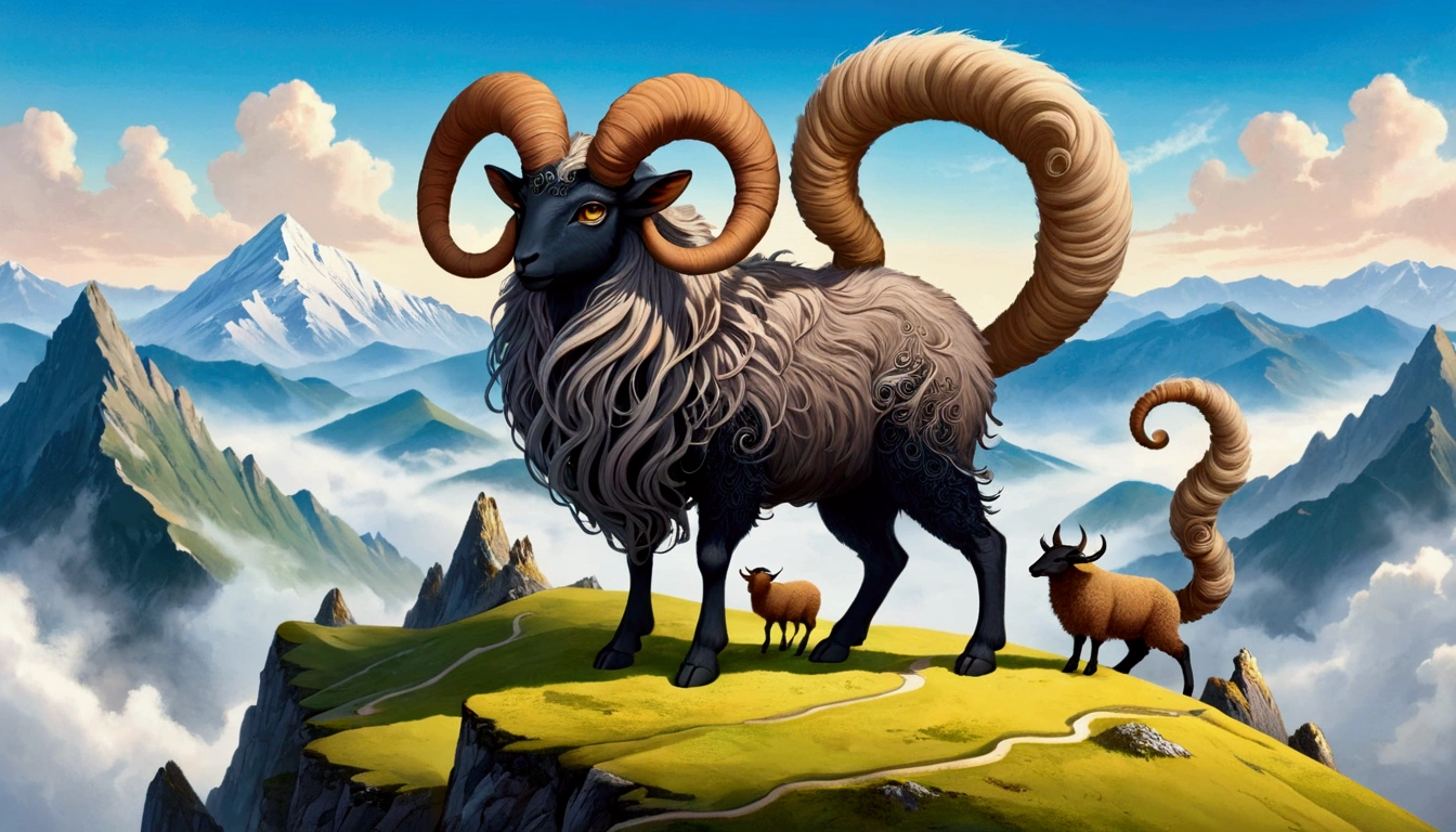 Surreal illustration，Depicts a monster with intricate details，A mysterious creature，Perched on the base mountain，It looks like a sheep，Long horns，(((9 big tails:1.37，4 ears，Its eyes are on its back.)))。Body covered with soft and dense hair，It gives a warm and homely feeling。Even though it looks cute，But the 猼蒼 is a strong and brave creature.。Highlighting detailed artwork, Adds a mysterious and otherworldly atmosphere.