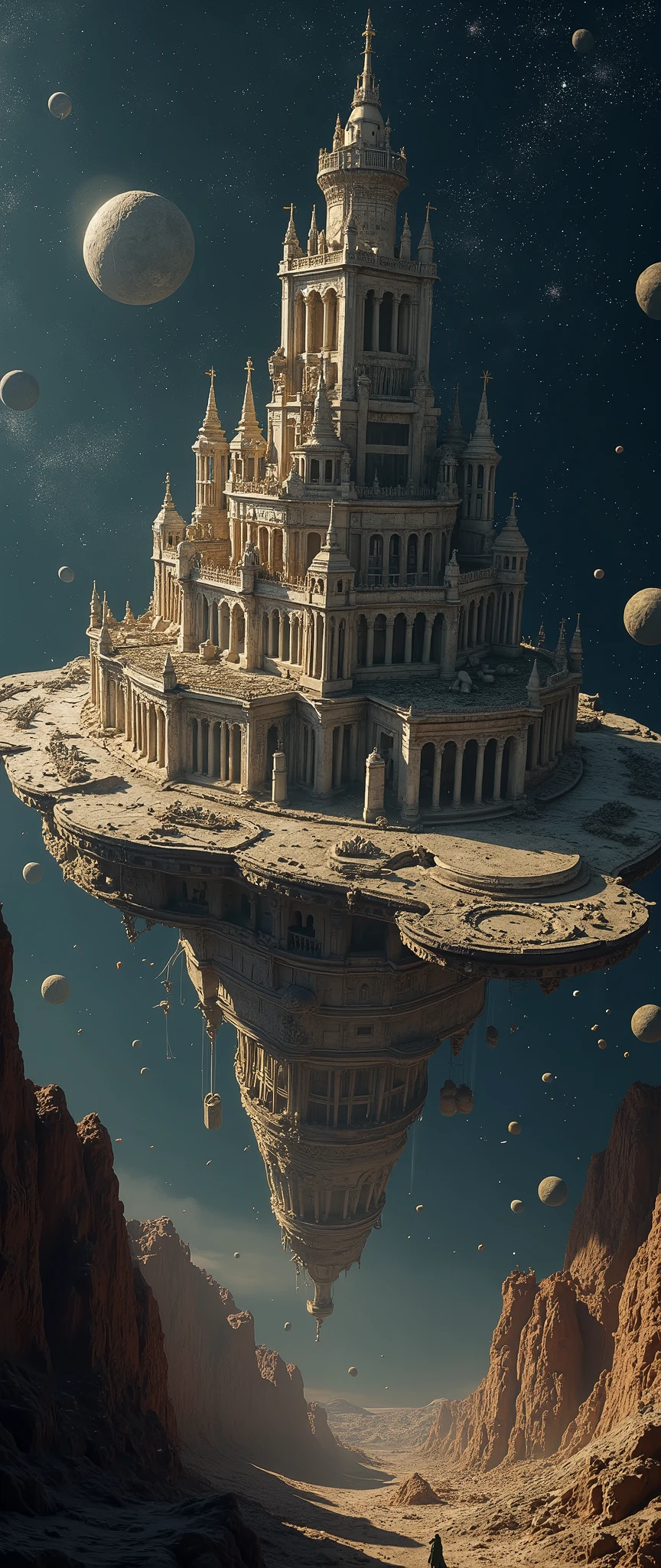 a huge very old ruins of ancient city with Ancient European Architecture is floating In Outer Space, advanced culture and civilization can be seen, many meteorites are drifting around, very beautiful Ancient Architecture landscape photo,very realistic image, beautiful Architecture, Panoramic view from high above