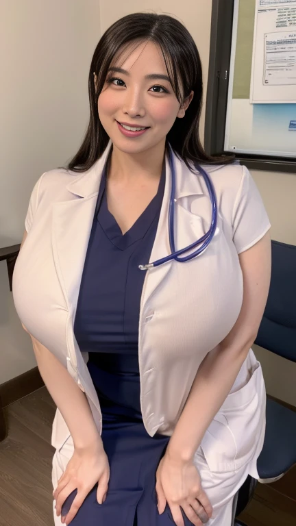 ((School nurse's office)),)（Best Quality,8K,Raw photo,Realistic,High resolution:1.2),(erotic curvy japanese woman）(gigantic huge breasts),(),,(doctor uniform:1.3),look horny,),((embarrassed erotically)),(((be shy erotically))),upper body from front ,(tight fit),,,,looking viewer,,(highlights gigantic breasts),smile,),sit,(titfuck pov:1.3)