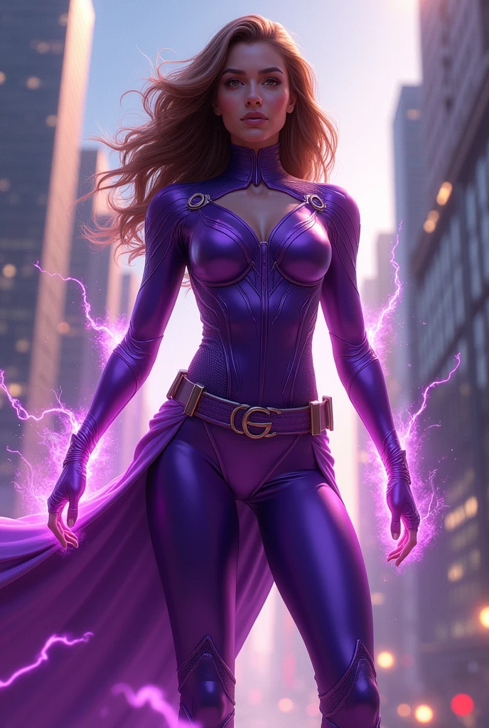 Ultra high quality, atheletic woman, super hero, beautiful detailed face, blue eyes, detailed eyes, muscular, full body, dressed in a purple leotard with black accents, purple mask covering eyes, no cape, spandex, one-piece, thigh high boots, black fingerless gloves, metal accents, metal pauldrons, pauldrons, tight gold superhero belt, large city backdrop, action pose, focusing large energy blast