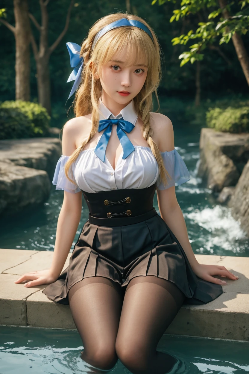 Masterpiece, solo, high detail, super detail, super high res, (photorealistic: 1.333), (highest quality), (best shadow), detailed, perfect lighting, 1girl, Perfect proportions, Perfect anatomy, Close-up of face, princess eyes, bright blonde hair, shinny skin, thin and slender waist, missy hair, wide hips, portrait, black and white maid costume with garter belt, 18 years old, medium breasted, smiling gentry, Bending forward, leaning forward, Looking into the viewer, walking in nature, Facial close-up, happy