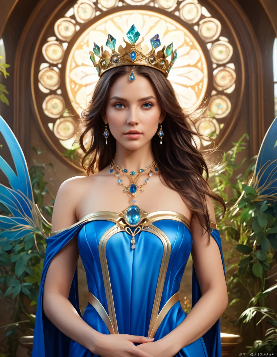 portrait of etheral goddess, intricate, elegant, highly detailed, digital painting, artstation, concept art, smooth, sharp focus, illustration, art by artgerm and greg rutkowski and alphonse mucha and william - adolphe bouguereau and stephanie law , epic royal background, big royal uncropped crown, royal jewelry, robotic, nature, full shot, symmetrical, Greg Rutkowski, Charlie Bowater, Beeple, Unreal 5, hyperrealistic, dynamic lighting, fantasy art  , ImgFixerPre0.3