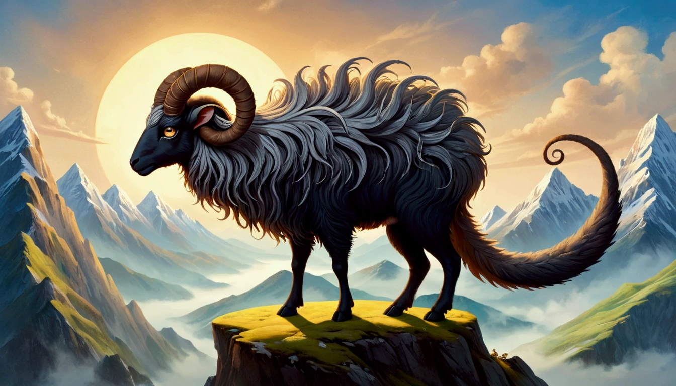 Surreal illustration，Depicts a monster with intricate details，A mysterious creature，Perched on the base mountain，It looks like a sheep，Long horns，(((9 big tails:1.37，4 ears，Its eyes are on its back.)))。Body covered with soft and dense hair，It gives a warm and homely feeling。Even though it looks cute，But the 猼蒼 is a strong and brave creature.。Highlighting detailed artwork, Adds a mysterious and otherworldly atmosphere.