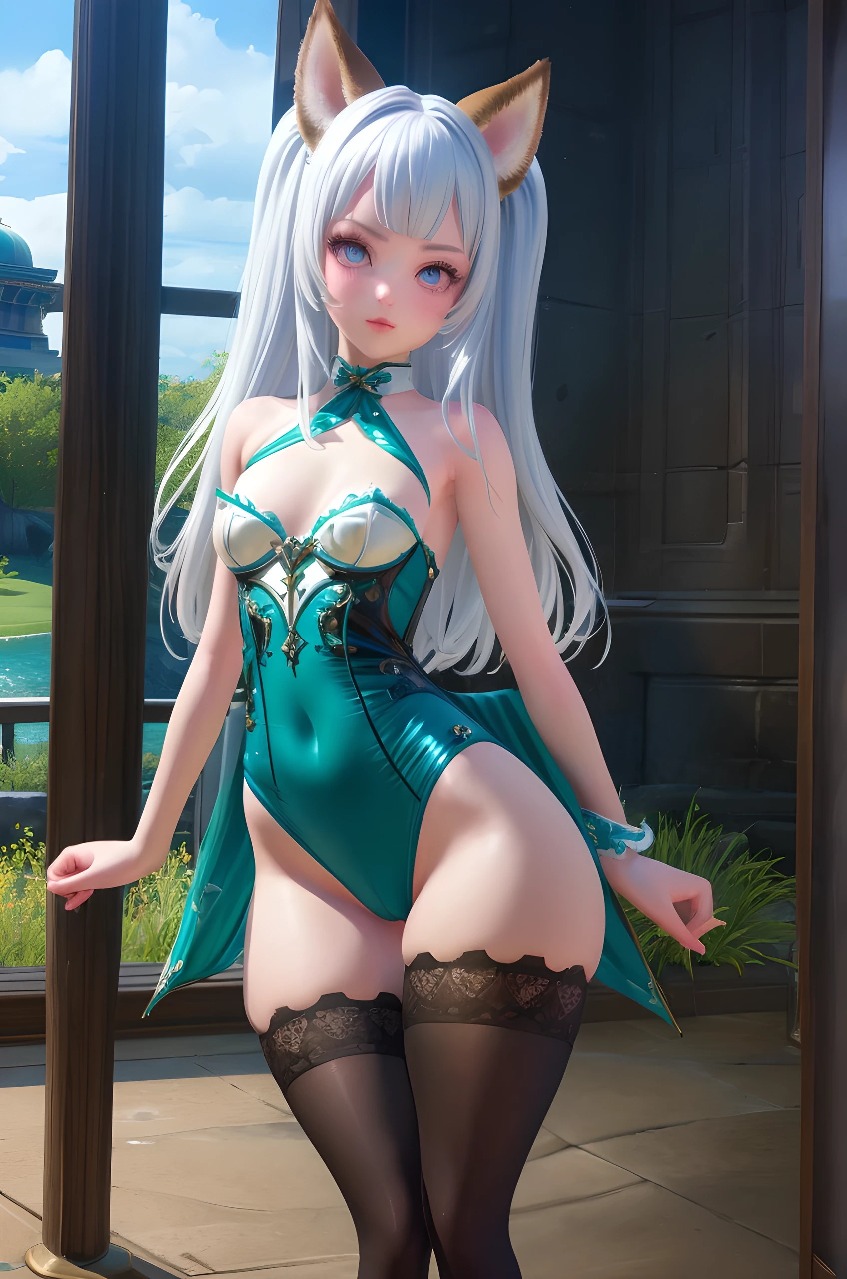 masterpiece, best quality, 8k,photorealism, textured skin ,tera elin, beautiful detailed eyes, ultra detailed, 1girl, hips, thighs, thigh highs, green leotard