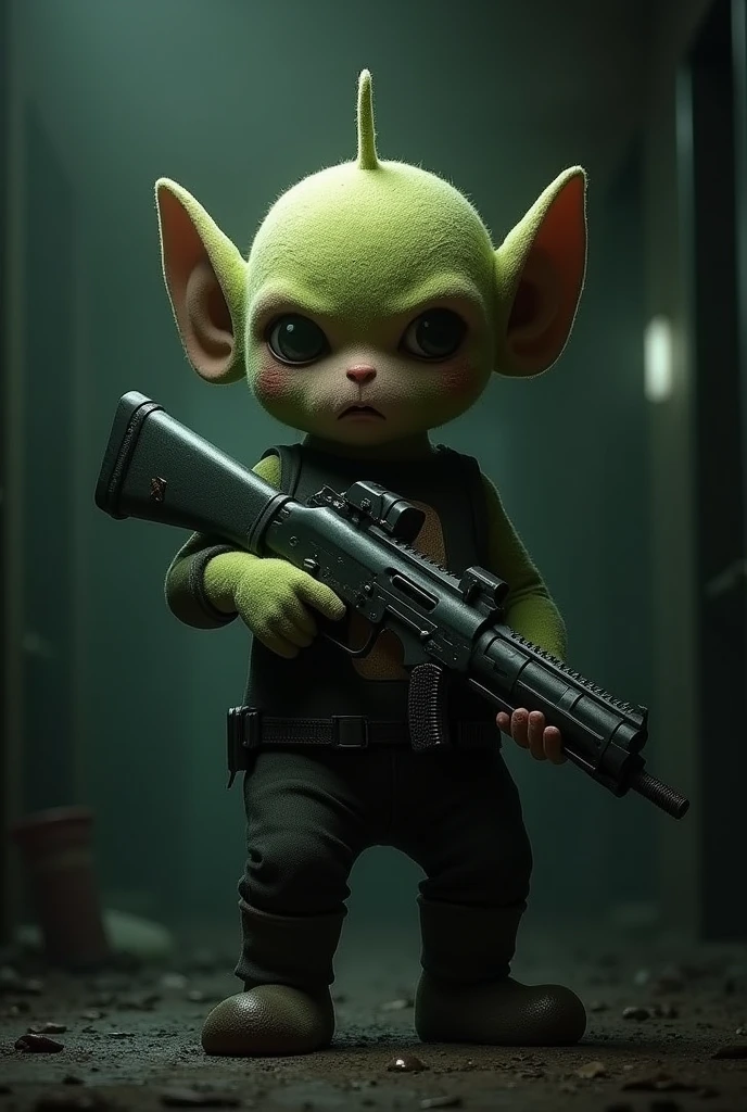 Grogu a sniper rifle , laying down <lora:pytorch_lora_weights-SDXL:1> <lora:XL_Weapon_Sniper_Rifle_-_By_HailoKnight:1> Sniper Rifle <lora:Grogu:1> Grogu