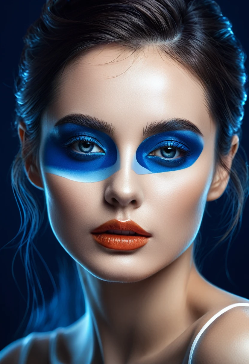 high quality, 8K Ultra HD, Surreal portrait of a stunning woman.
Art Illustration，Portrait of a woman，Dark blue，Use lightly reflected white to outline the woman&#39;s contours and facial features.