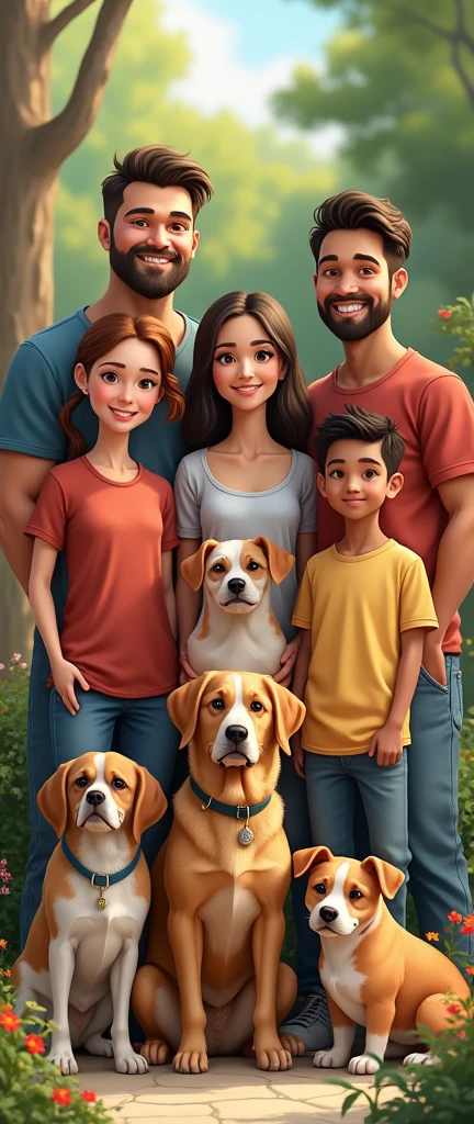 family,ADULT MOM AND DAD, 4 WOMEN AND MANY CHILDREN , ALL TOGETHER LOOKING FORWARD IN A PARK,PLUS 2 SAINT BEARD DOGS AND A SMALL BLACK PIXAR STYLE DOG