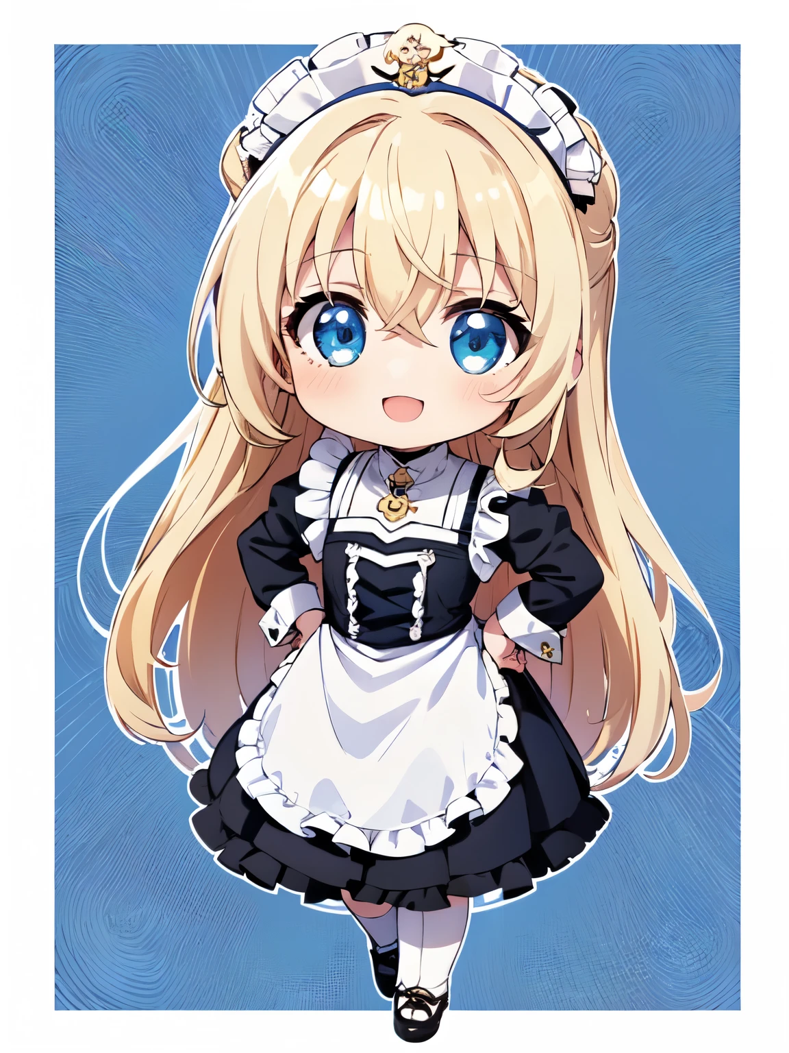 One Girl、(Moe:1.10)、Hands on hips in cute white and blue maid outfit、Cute smile、((Chibi Character:1.2))、Beautifully colored eyes、Golden Hair、Cute Smile、fluffy、fluffy、With a girl、(Chibi Character:1.5)、Ezvian Everywhere、Victorian maid clothes、Absolute reference to the center、Gothic Clothing、8Ｋimage、Mini Characters、Chibi Character、Highest quality、