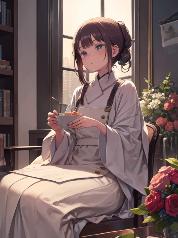 (masterpiece, best quality), female hundred years old, plump, indigenous peoples of the america, brown eyes, oval ears, deviated septum nose, unique jaw, uneven cheeks, , tangerine cornrows hair, surprise wearing linen jumpsuit, push-up bra, headband,, sitting cross-legged, sitting cross-legged with a flirtatious smile, exuding charm and elegance, lens flares, dreamy flares adding a whimsical and romantic touch to the visuals, a family dinner gathering, with a beautifully set table and heartfelt conversations