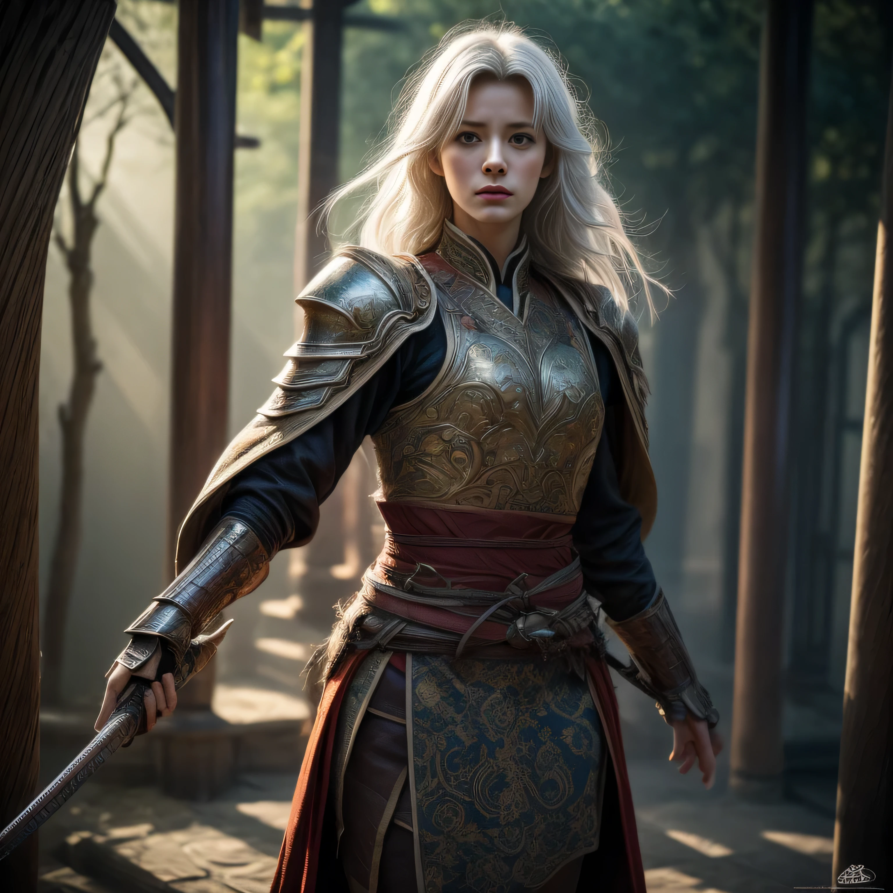 photorealistic, masterpiece, photorealistic, high resolution, soft light, butts up, blue eyes, white hair, long hair, Intricate details EABA, cloaks, short steel claws, Royal Shogun, Armor, warrior, leaves floated around