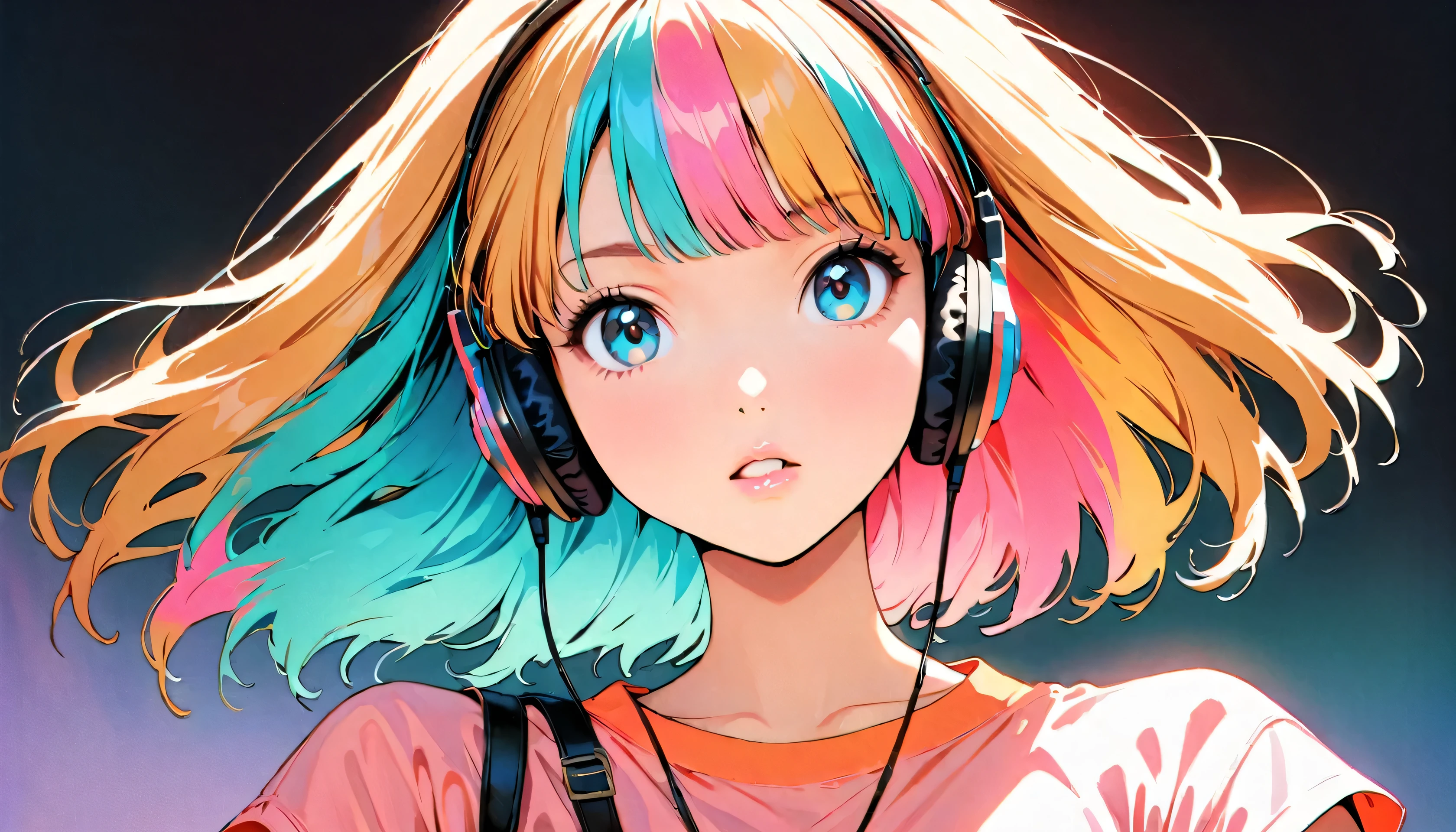 (Highest quality:1.2, City Pop Style, Very detailed, up to date, Vibrant, High Contrast, masterpiece:1.2, Highest quality, Best aesthetics), girl, ((Face Up Shot:1.4)), Colorful Hair, Bobcut, pastel colour, 1980s style, ((Retro, Vintage, Plain background))　Oversized T-shirt、Headphones