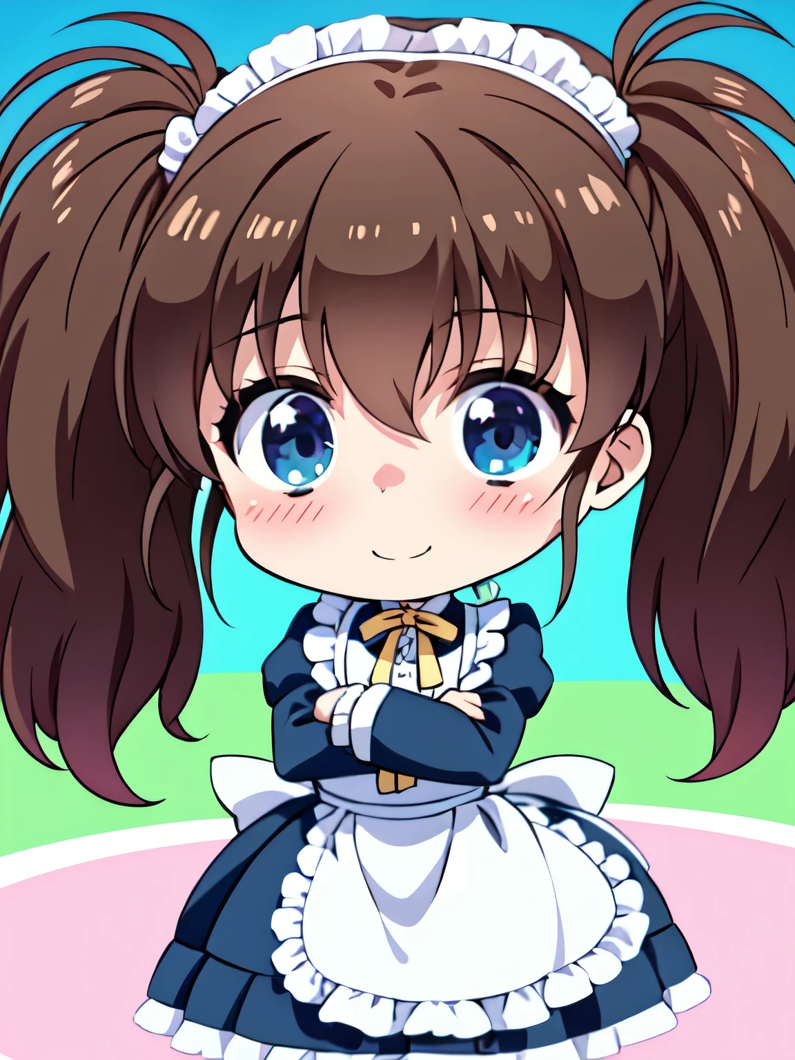 One Girl、(Moe:1.10)、Tomochika-Dannoura、Cute white and blue maid outfit、((Chibi Character:1.2))、Beautiful brown hair、Twin tails、Beautifully colored eyes　Cute Smile、fluffy、fluffy、With a girl、(Chibi Character:1.4)、Ezvian Everywhere、Victorian maid clothes、Absolute reference to the center、Gothic Clothing、8Ｋimage、Mini Characters、Chibi Character、Highest quality、