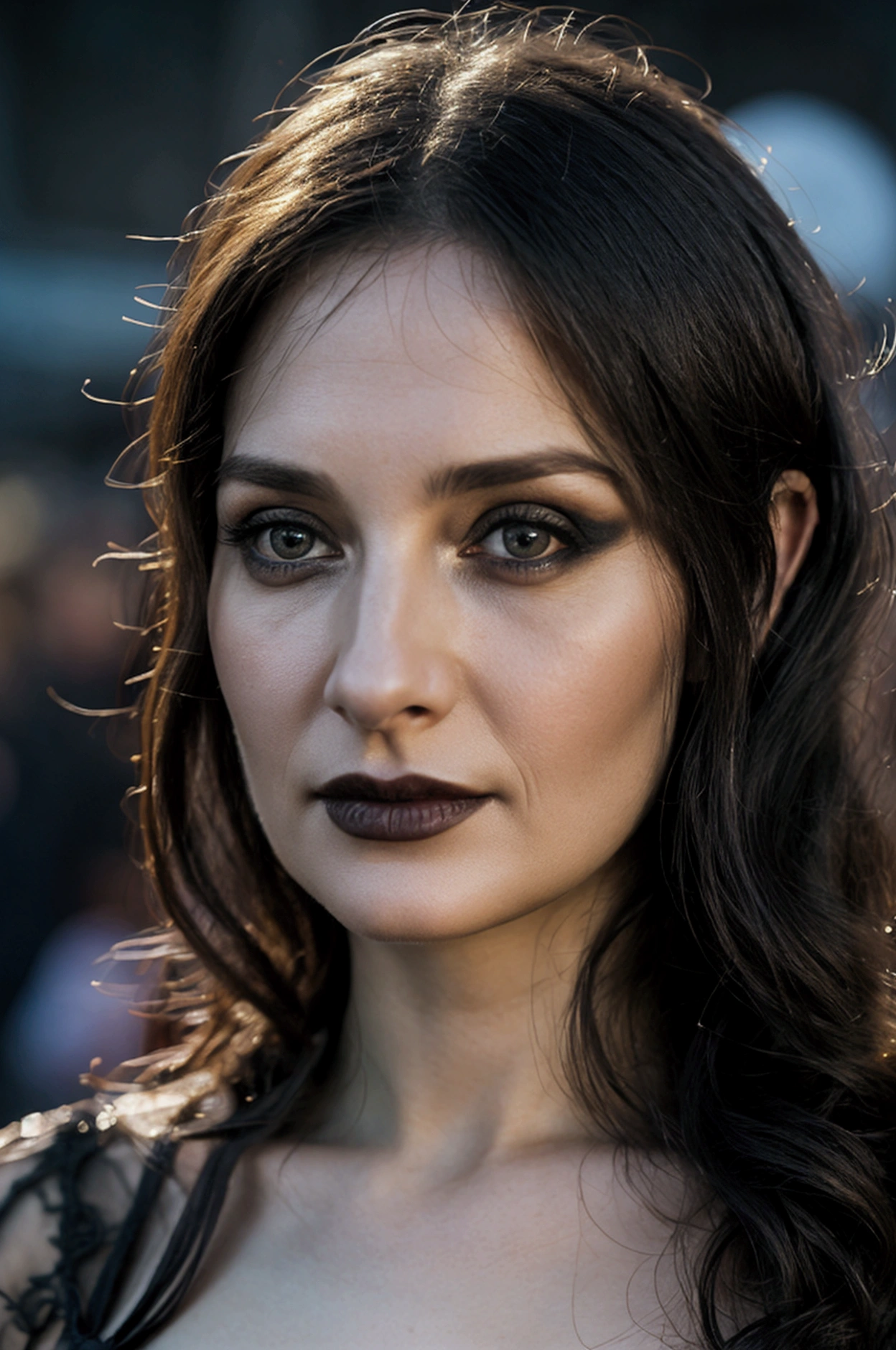 1 woman, European face, European eyes, pretty face, 30 years old, age 30,  ultra detailed face, hyperrealistic, realistic representation, full body view,  dancing at a gothic festival