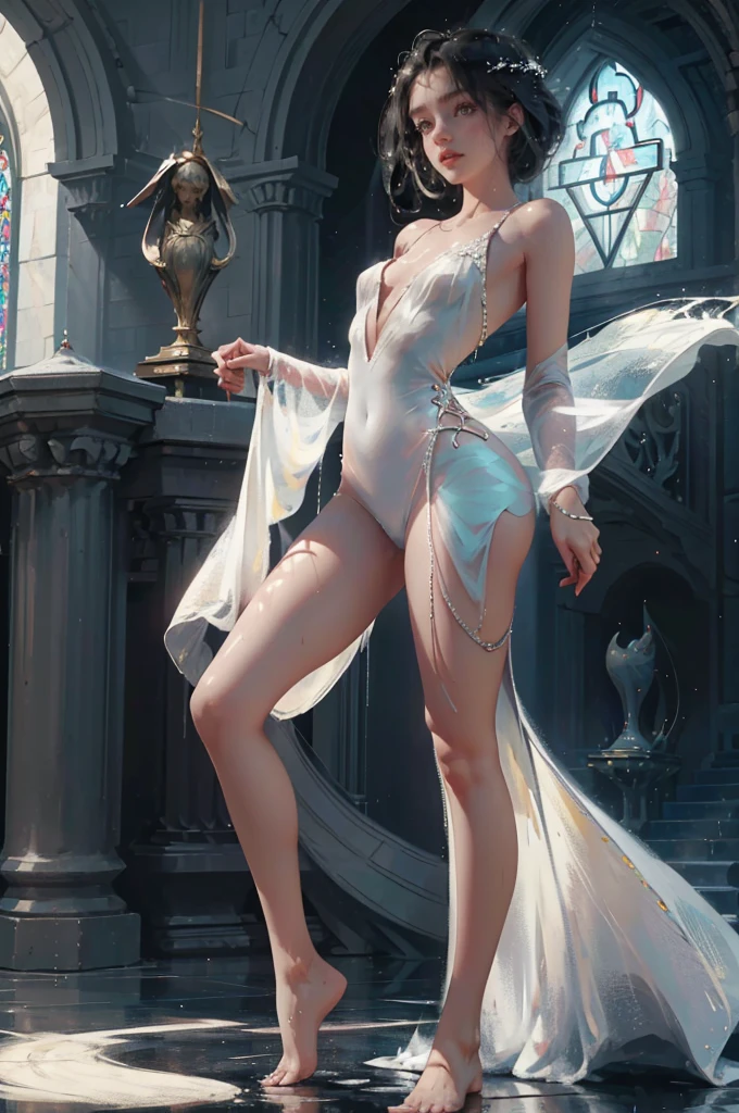 ((最high quality, 8K, masterpiece: 1.3, Ultra HD, high quality, 最high quality, High resolution, realism)) 、22 year old beautiful white woman、Hair color blonde、blue eyeedium hair、straight hair、smile、Slender but well-proportioned muscular body、Athlete-like body type、I don't want my head to disappear from the screen.、Wearing accessories on your wrist、put anklet on ankle、Wearing red nail polish、I have a peticure、is a goddess、It's unparalleled、Art Nouveau landscape on a black background、bewitching look、Erotic Tech((erotic))Costumes