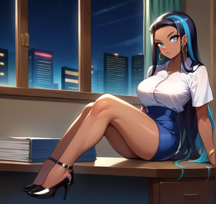 score_9, score_8_up,score_7_up, source_anime, 1girl, solo, EPpkNessa, blue eyes, black hair, blue hair, streaked hair,, dark skin, dark-skinned female, necklace, ear piercing,bottonup shirt,high-waist skirt,pantyhoes,heels,office, at a dark room, at night , city view from the window, gyaru,Very Long Hair,Hair Slicked Back, 