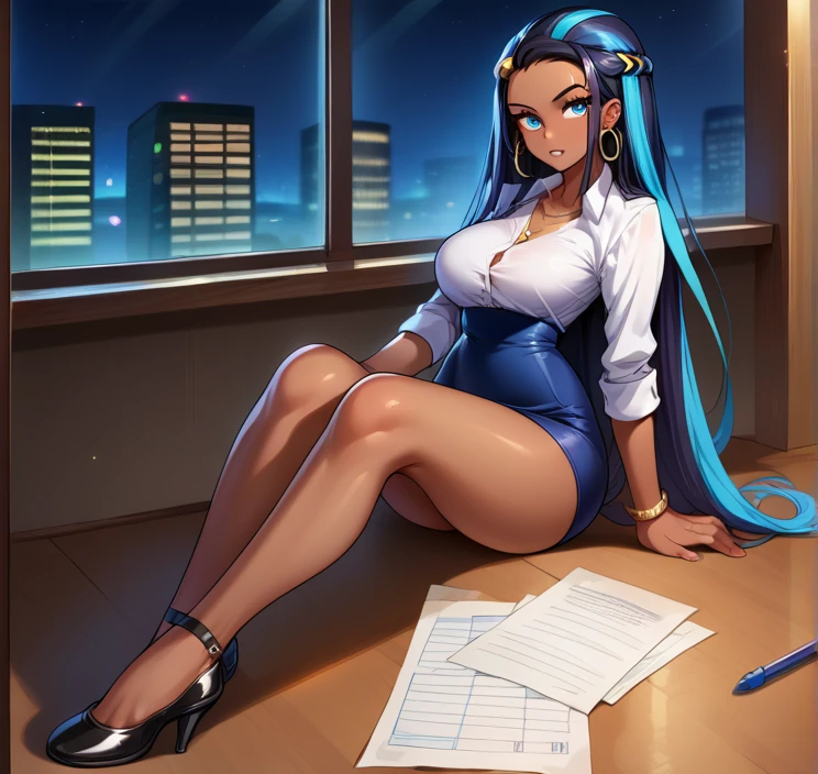 score_9, score_8_up,score_7_up, source_anime, 1girl, solo, EPpkNessa, blue eyes, black hair, blue hair, streaked hair,, dark skin, tan-skinned female, necklace, ear piercing,bottonup shirt,high-waist skirt,pantyhoes,heels,office, at a dark room, at night , city view from the window, gyaru,Very Long Hair,Hair Slicked Back, 