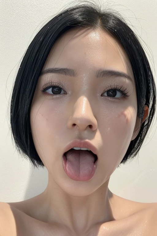 Japanese women、20-year-old、short hair、(Face close-up)、Smooth Skin、masterpiece、Highest quality、8K Photo、((close your eyes and open your mouth slightly))、close your eyes、Suffering face、(Wrinkles around the eyes:1.2)、length, Pointed nose,,,,,,,,,,,,,,,Strong Nose、length, Narrow nostrils、Skin shiny with sweat、Lighting that highlights shiny sweat{Realistic nostrils}, Black-haired、((In front of a white wall))、(Super wet skin),((Ahegao,Sticking out a long tongue))(Close enough to kiss)、The tongue is moist、Photographed from the front、squint、Mole under the eye