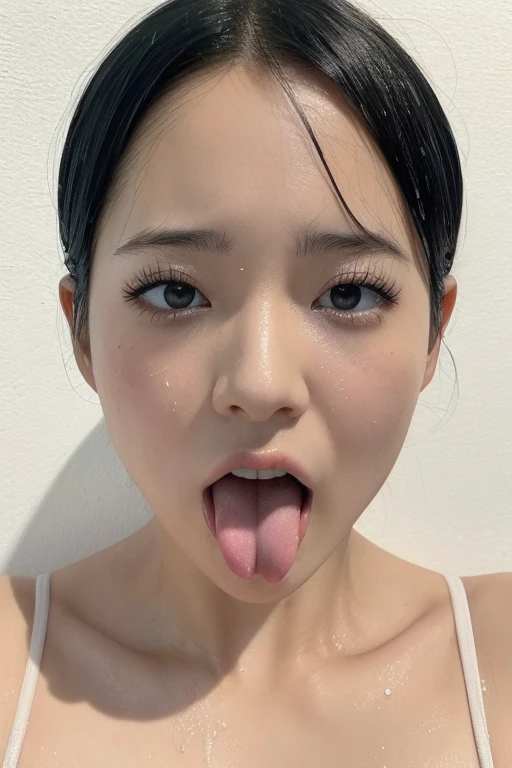 Japanese women、20-year-old、short hair、(Face close-up)、Smooth Skin、masterpiece、Highest quality、8K Photo、((close your eyes and open your mouth slightly))、close your eyes、Suffering face、(Wrinkles around the eyes:1.2)、length, Pointed nose,,,,,,,,,,,,,,,Strong Nose、length, Narrow nostrils、Skin shiny with sweat、Lighting that highlights shiny sweat{Realistic nostrils}, Black-haired、((In front of a white wall))、(Super wet skin),((Ahegao,Sticking out a long tongue))(Close enough to kiss)、The tongue is moist、Photographed from the front、squint、Mole under the eye