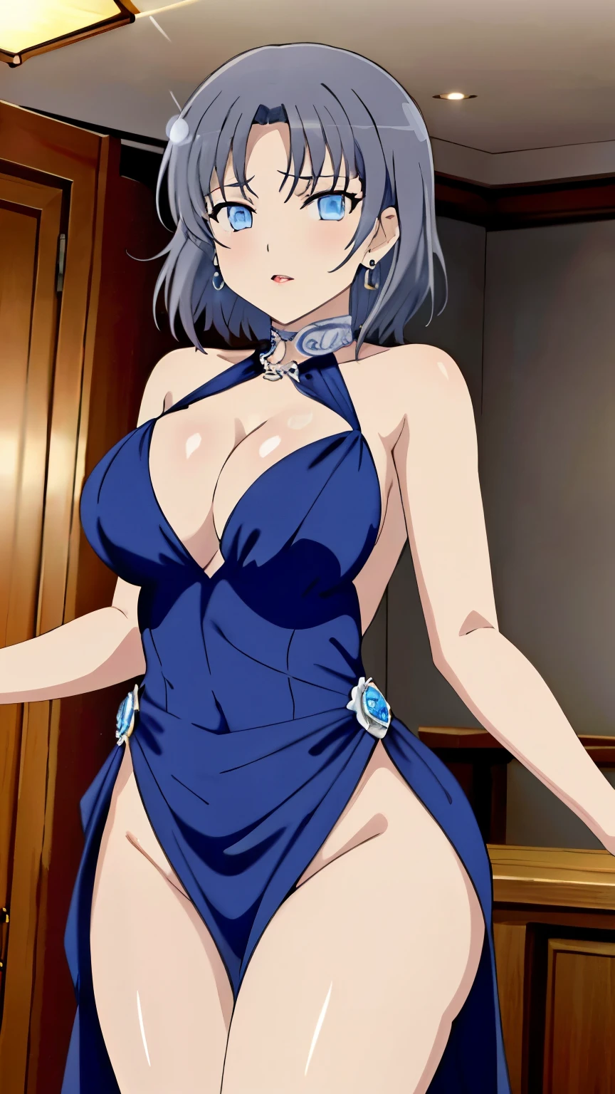 (masterpiece, best quality, high resolution, 8k:1.2), Anime coloring, yumi (senran kagura), 1girl, solo, , grey hair, short hair, blue eyes, Large medium breasts, definition CG unity, Perfect lit, bright_front_face_lit, Super detailed, 8K, nffsw, High resolution, (absurd:1.2), kodak portrait 400, film grain, Lens flare, (lively_color:1.2), looking at the viewer, (cowboy shot:1.2), dynamic angle, (Sparkly dress, Shiny dress, Cleavage, Thighs, Earrings, Glossy lips, Night, Indoors, Luxurious rooms,)